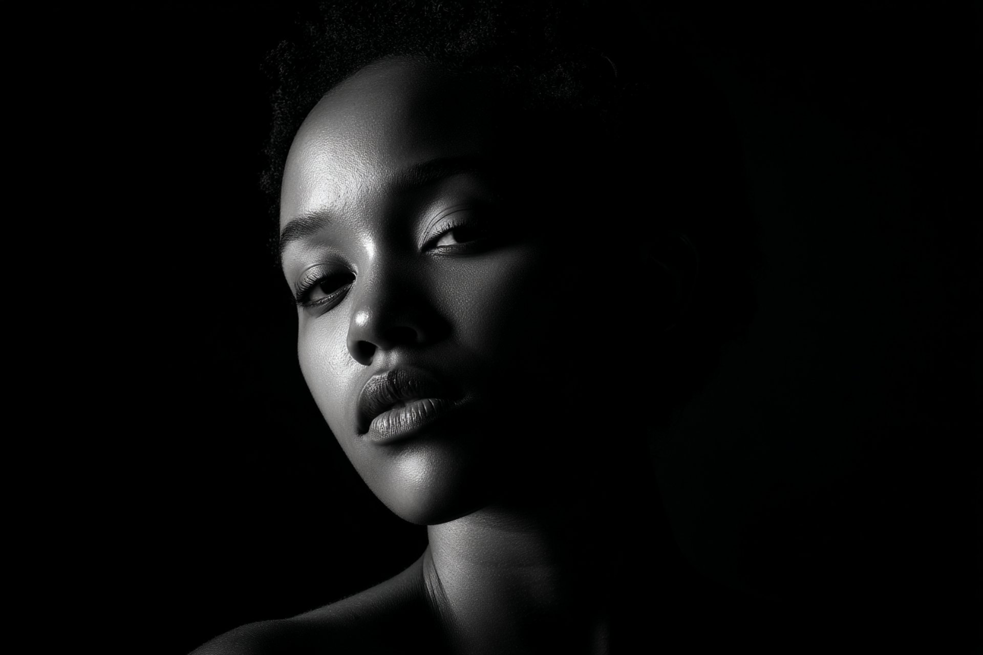 AI-generated portrait of African woman with dramatic split lighting and deep shadows – made using Promptism by Supermodernism