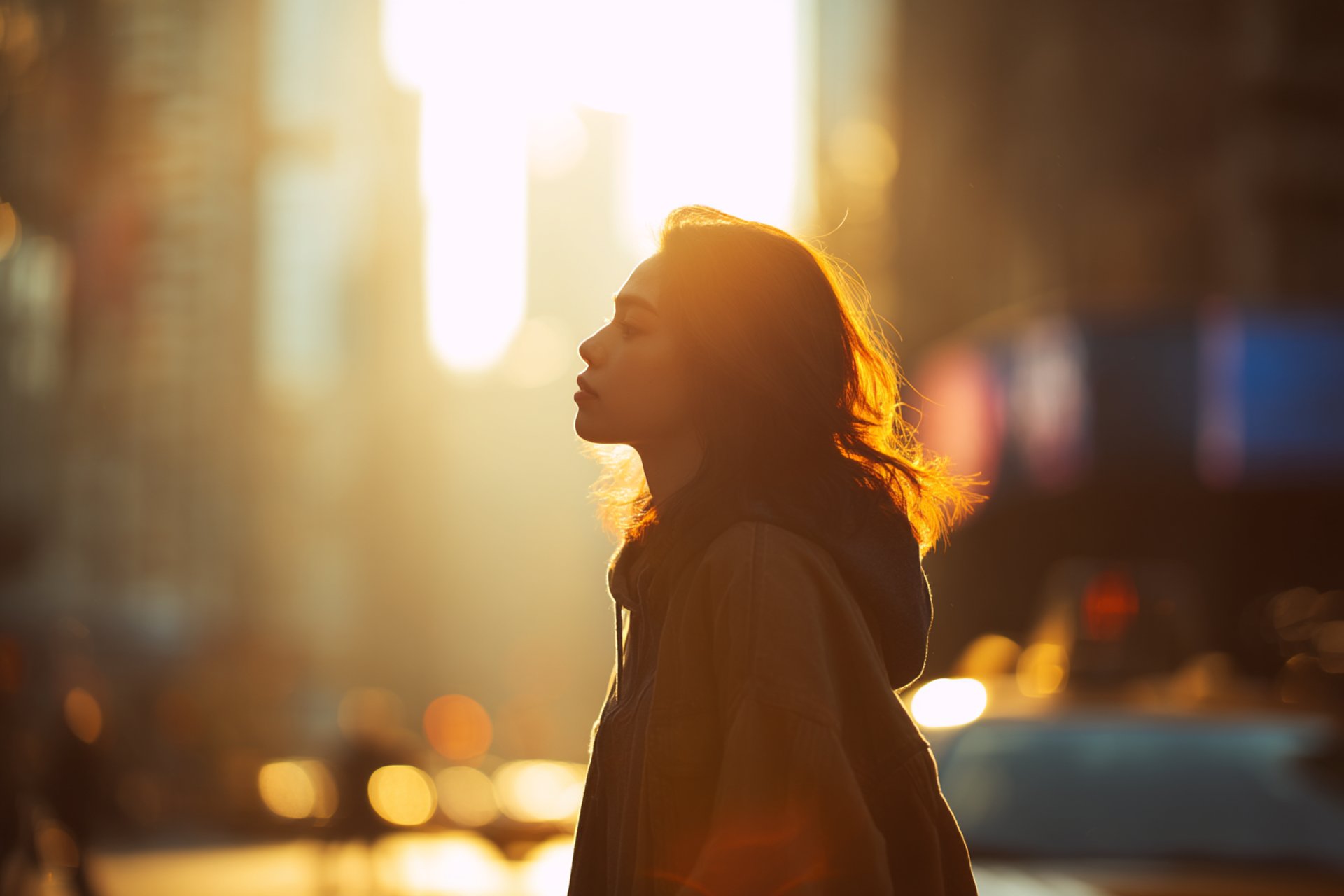 AI-generated silhouette of a woman at golden hour with sun flare and warm bokeh – created using Promptism by Supermodernism