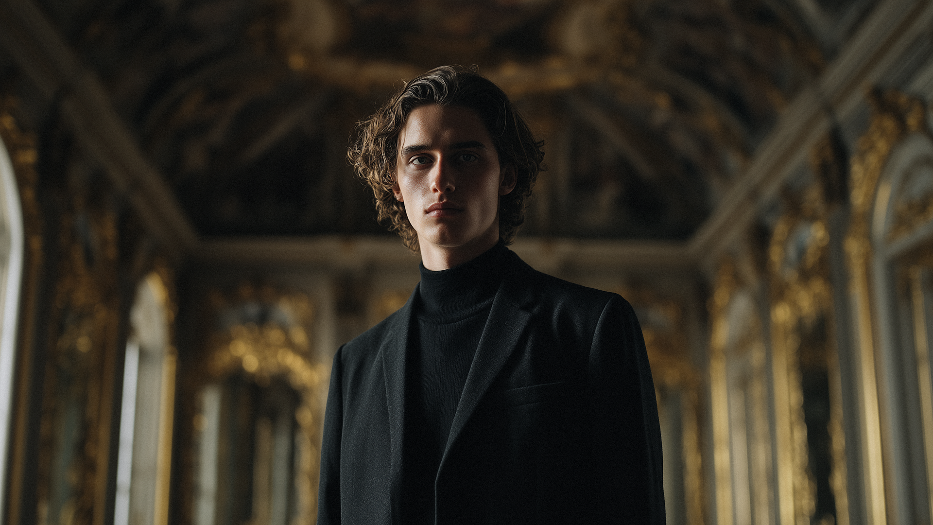 A young man in a dark coat stands in a grand, gold-accented interior. Part of the Promptism Portrait module by Supermodernism