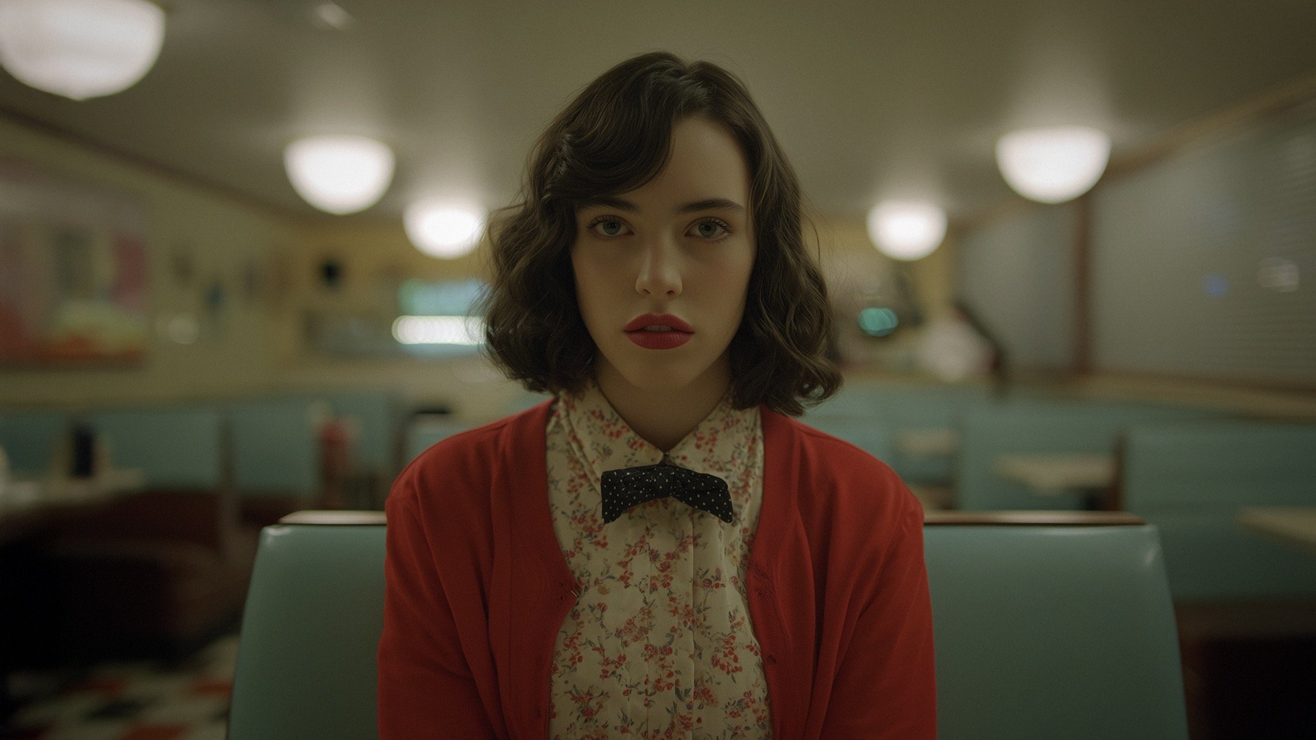 AI-generated symmetrical portrait in vintage diner setting, created with Promptism by Supermodernism. Cinematic lighting and