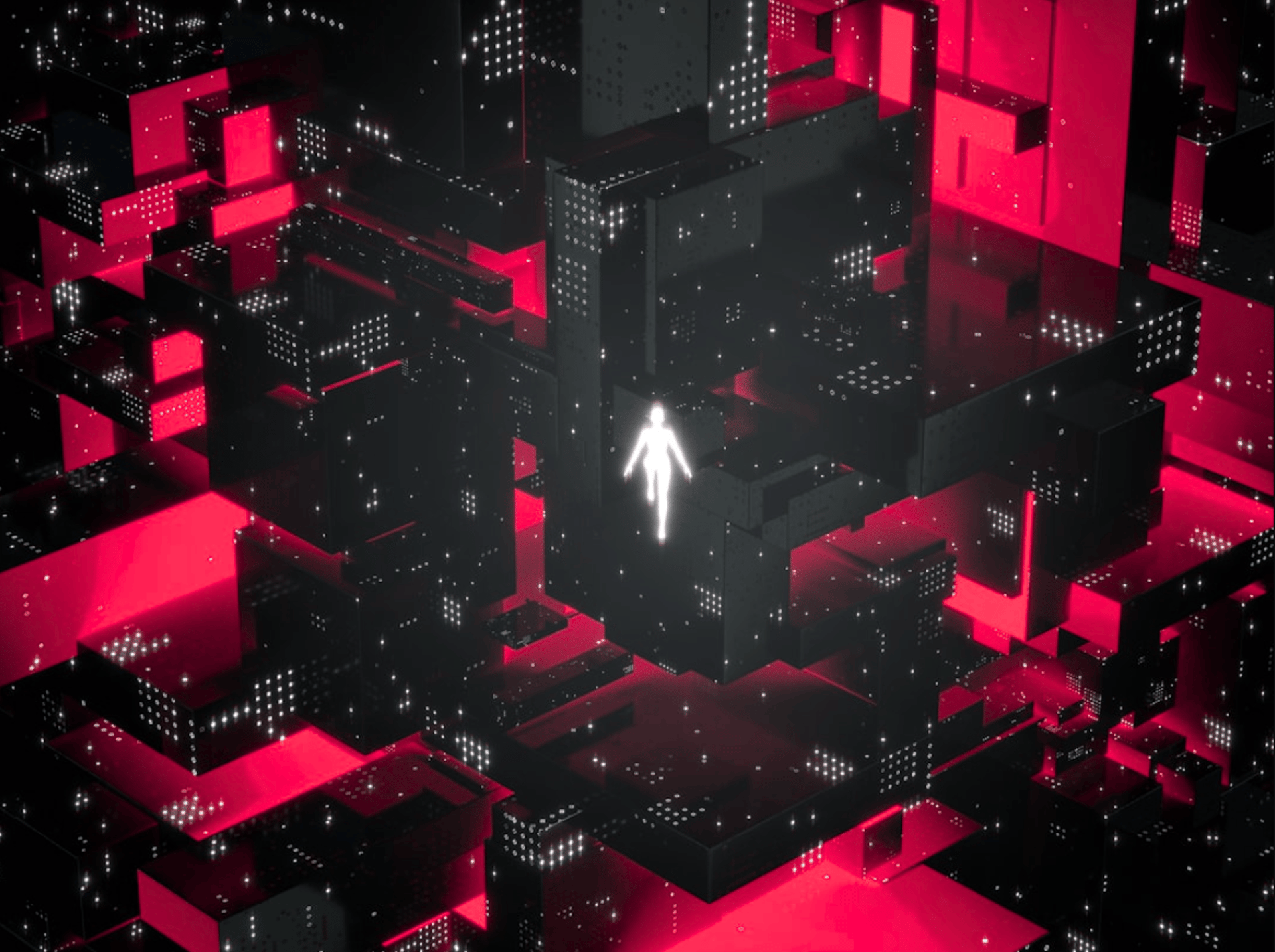 a person walking through a maze of red and black cubes