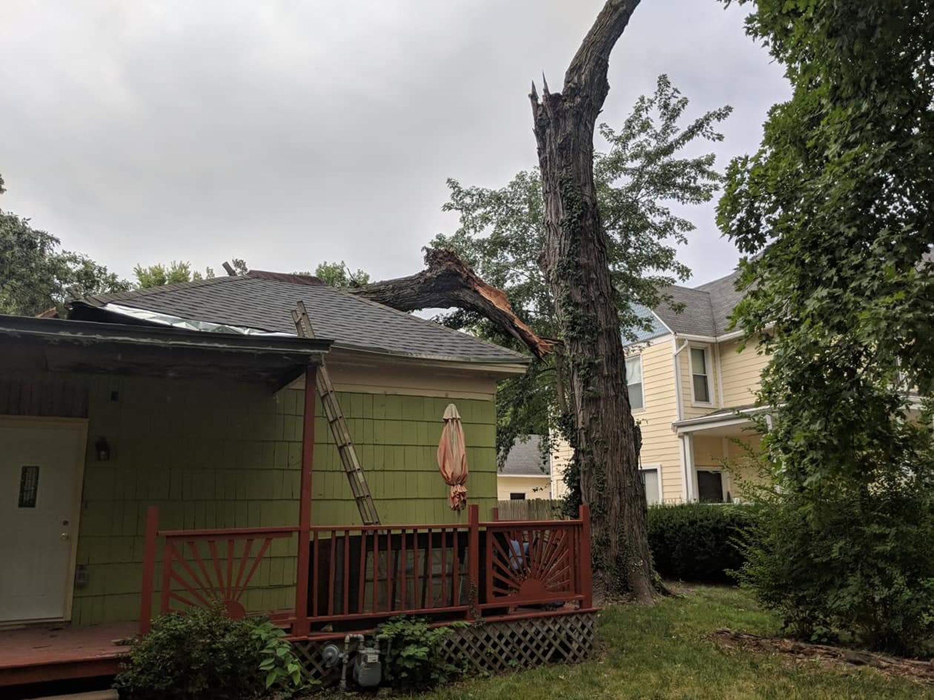 Storm damaged maple tree in Ottawa Kansas Tree on house 