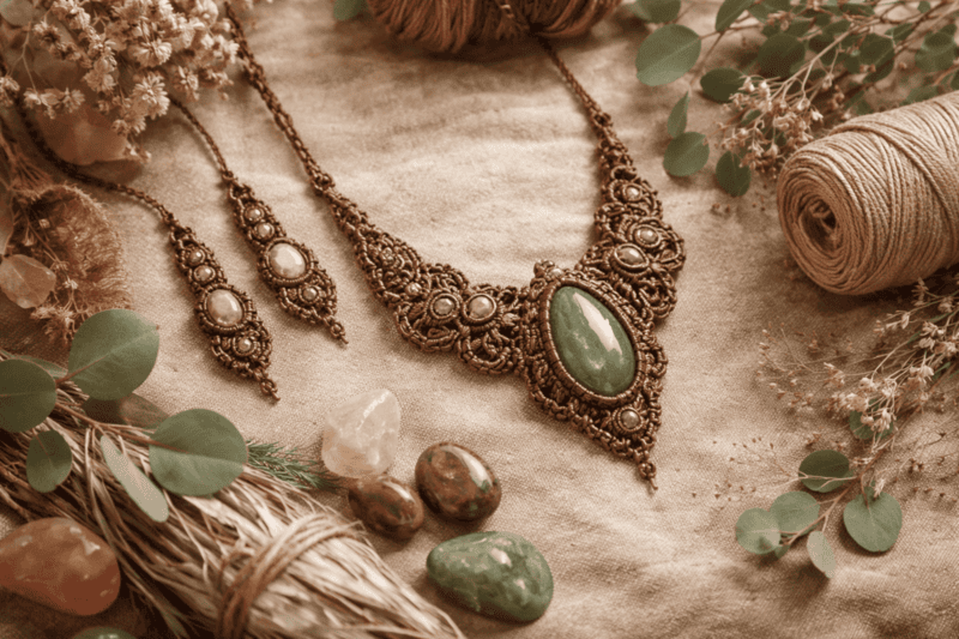 Collares y aretes de macramé hechos a mano con piedras naturales