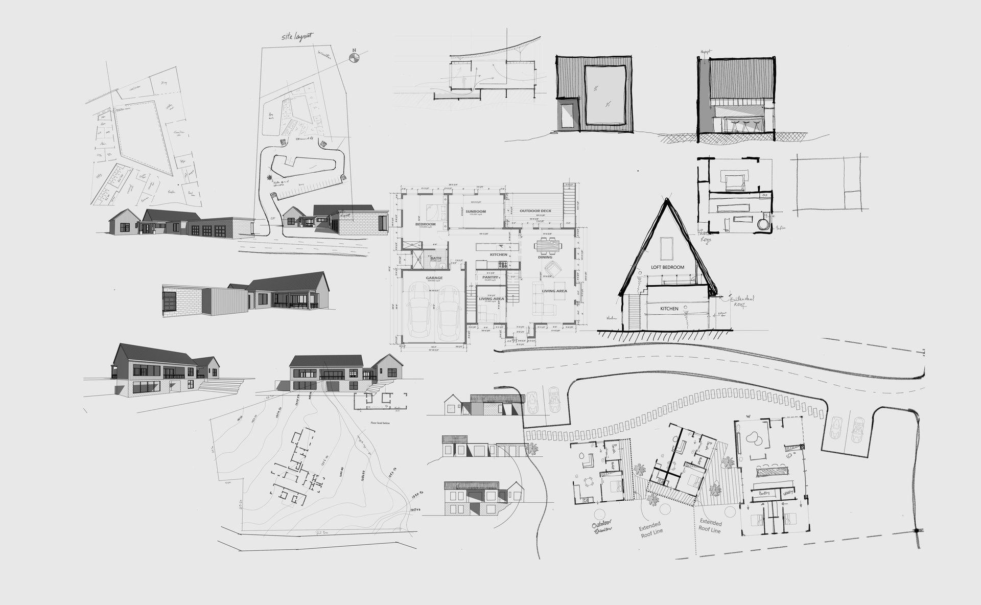 Architectural blueprints spread out on a surface.