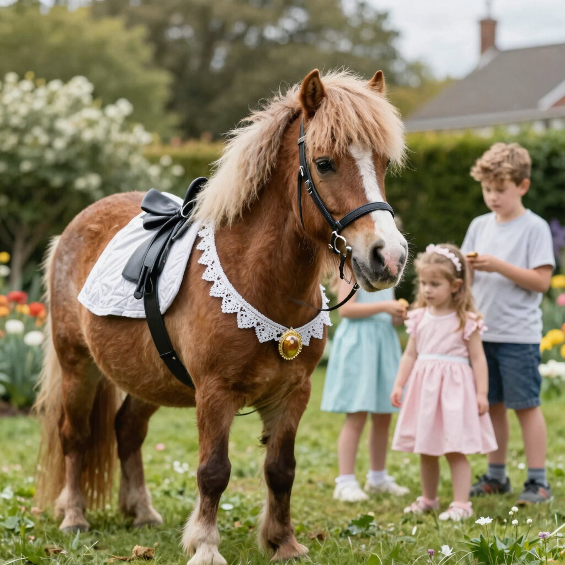 a little girl riding on the back of a brown horse