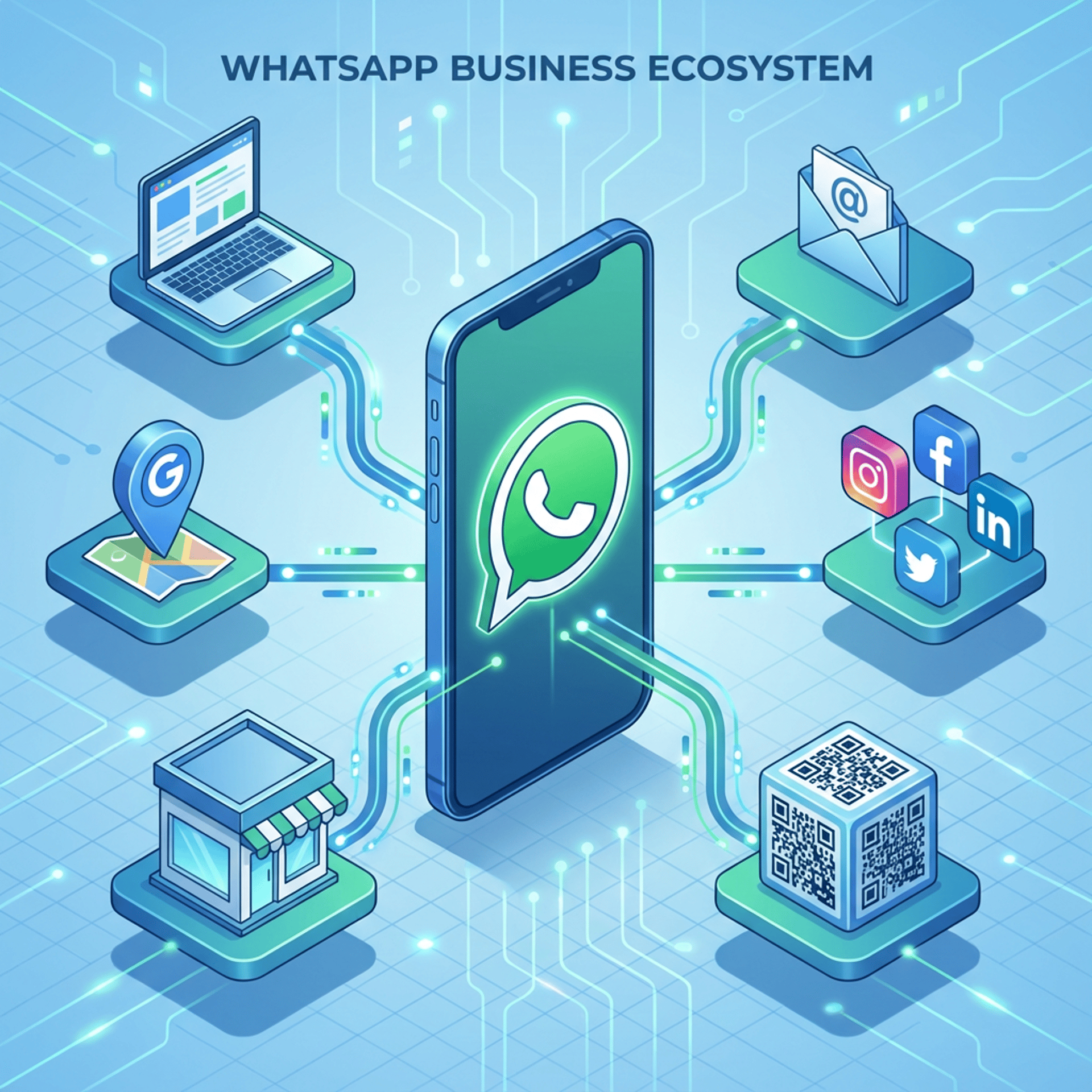 Illustration isométrique montrant l'écosystème de WhatsApp Business connectés aux autres outils