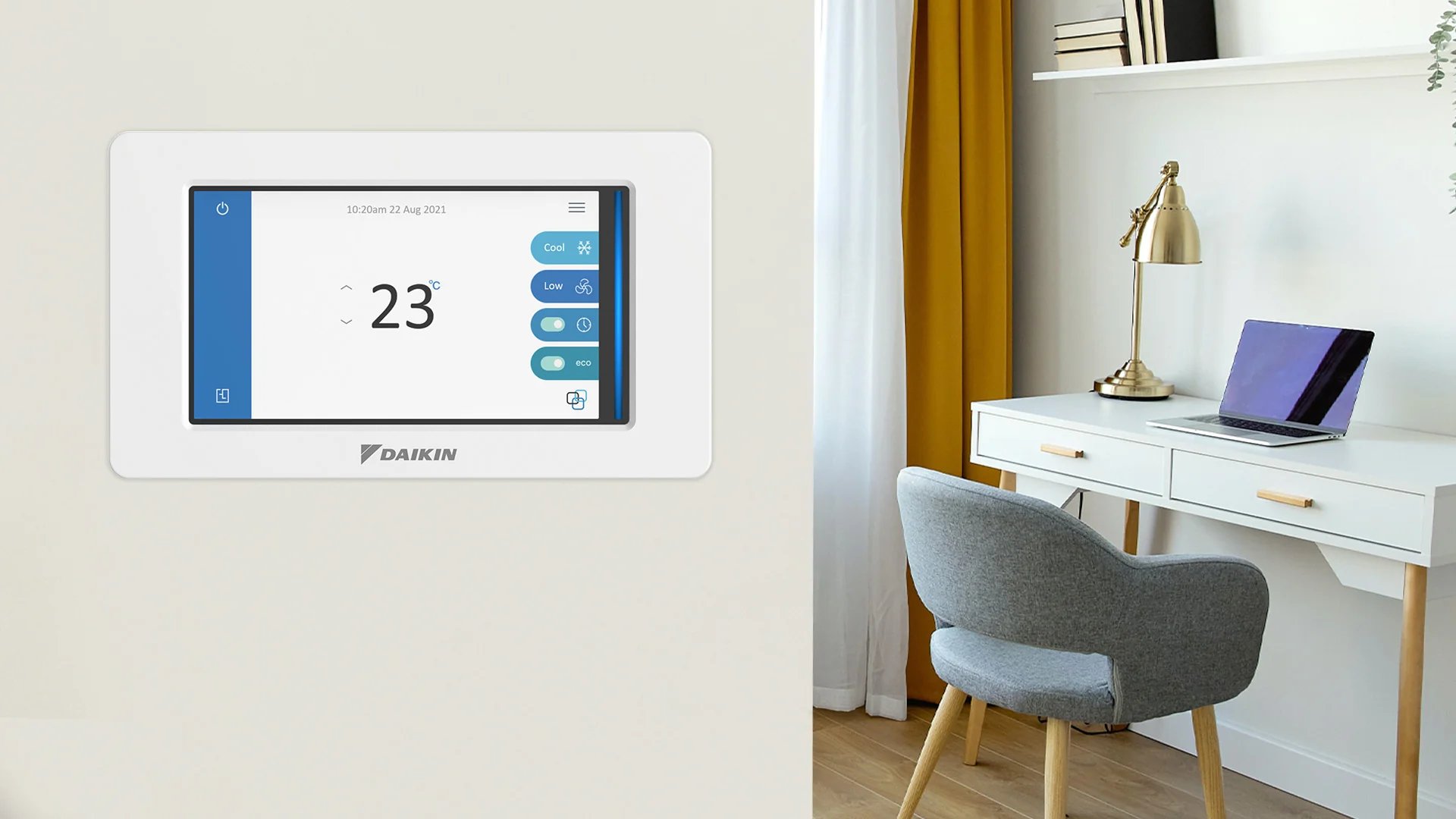 gray Nest thermostat displaying at 63