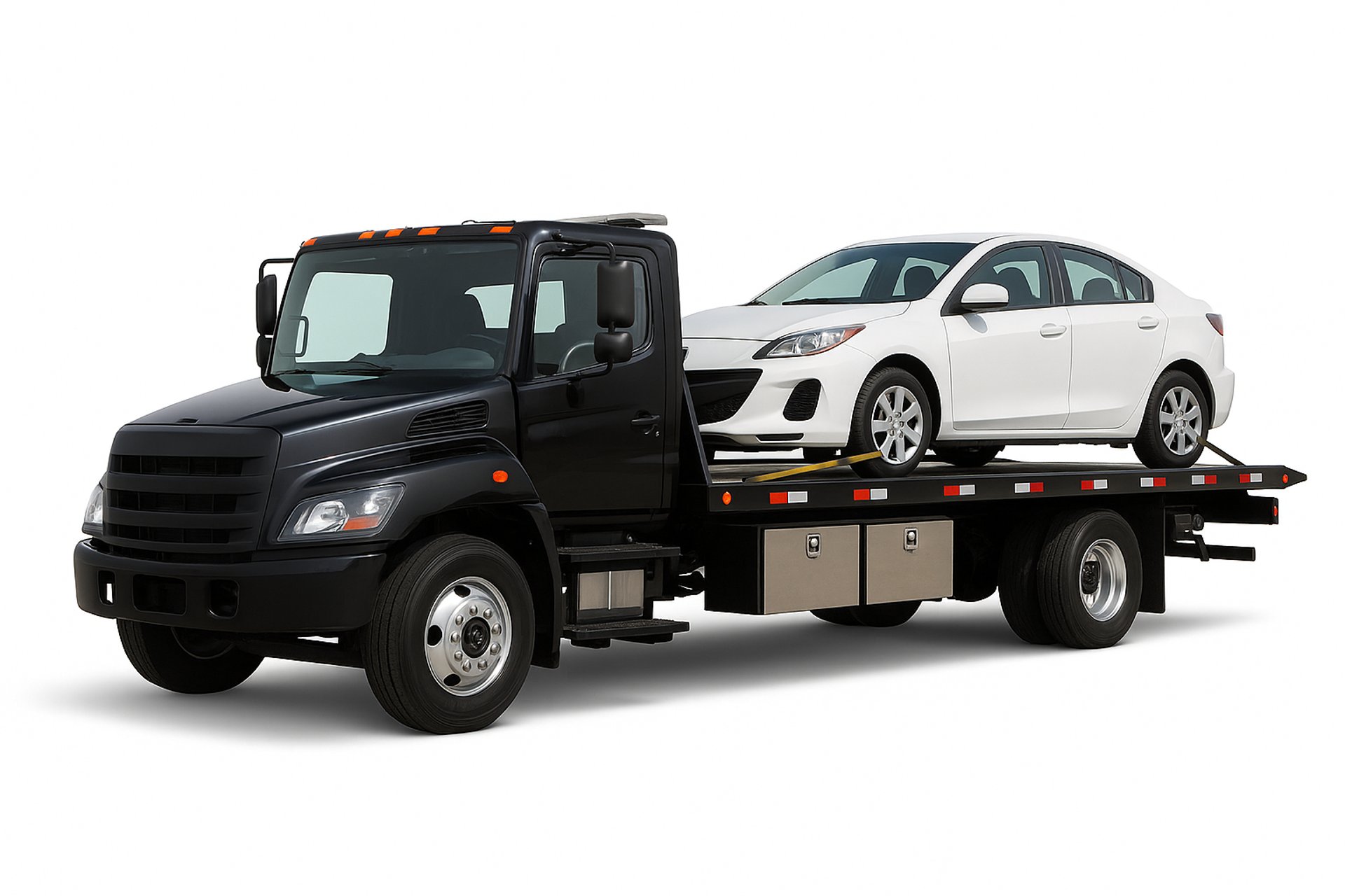 A black tow truck hauling a white car.