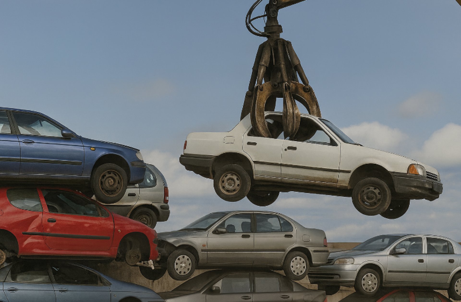 Industrial claw lifts old white car above stacked scrap vehicles under cloudy blue sky.