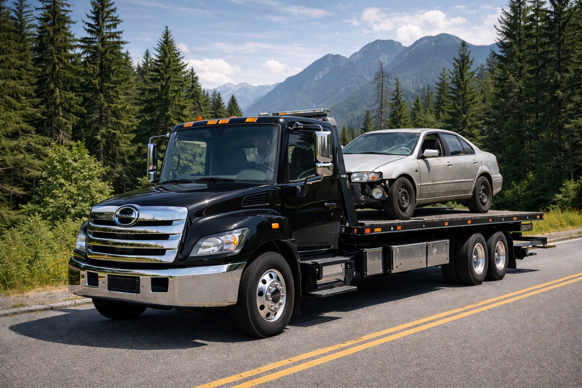 A back tow truck hauling a damaged sedan. 