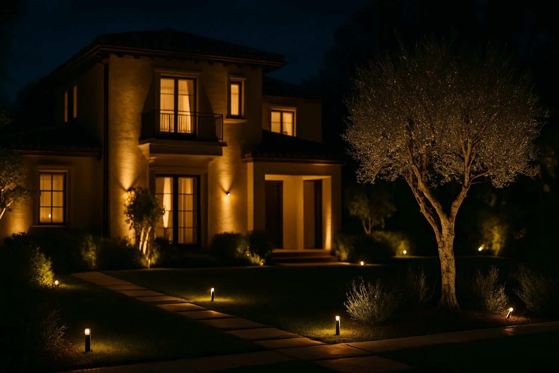 Villa nightscape with elegant warm spotlights