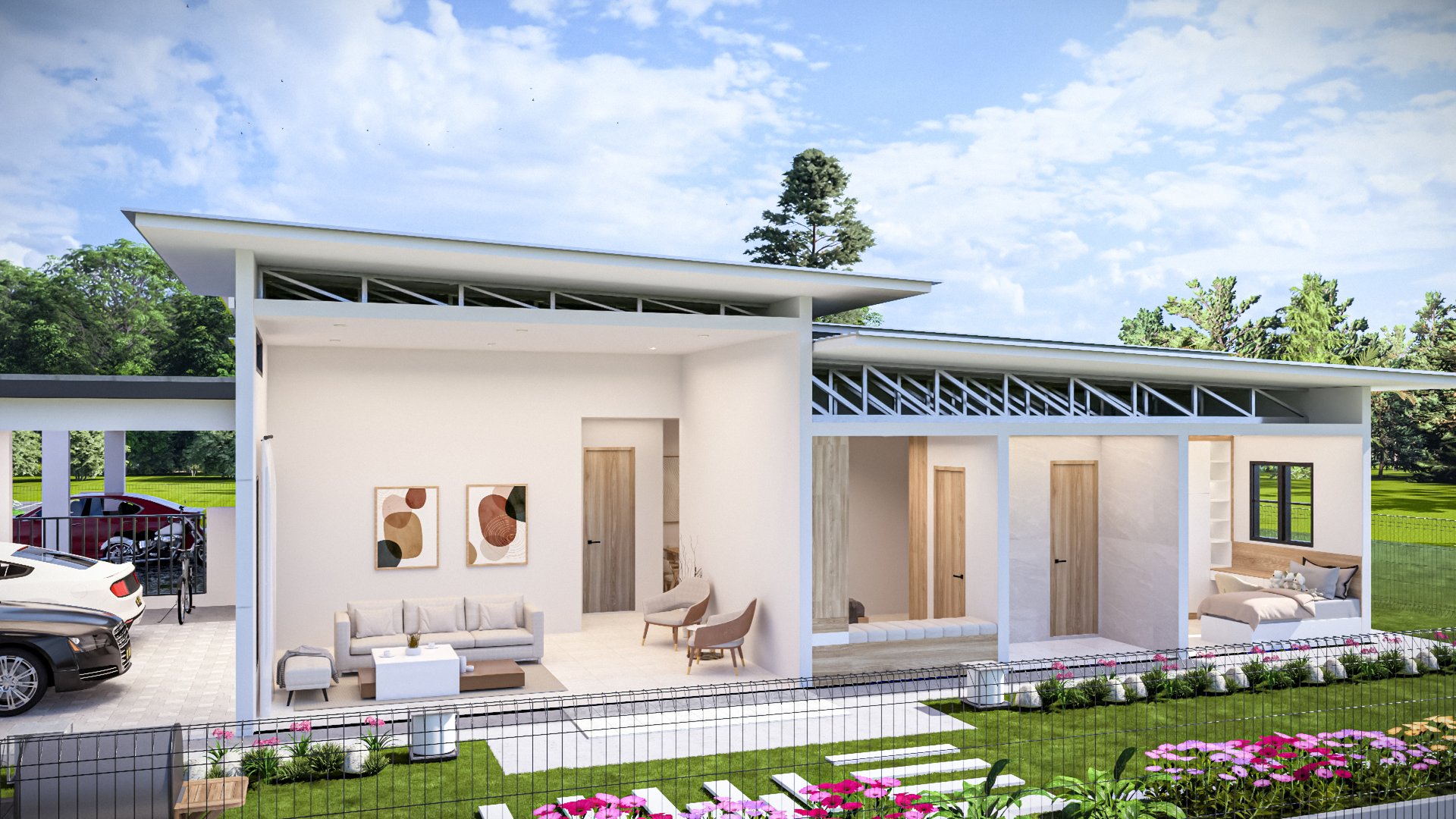 an abstract photo of a curved building with a blue sky in the background