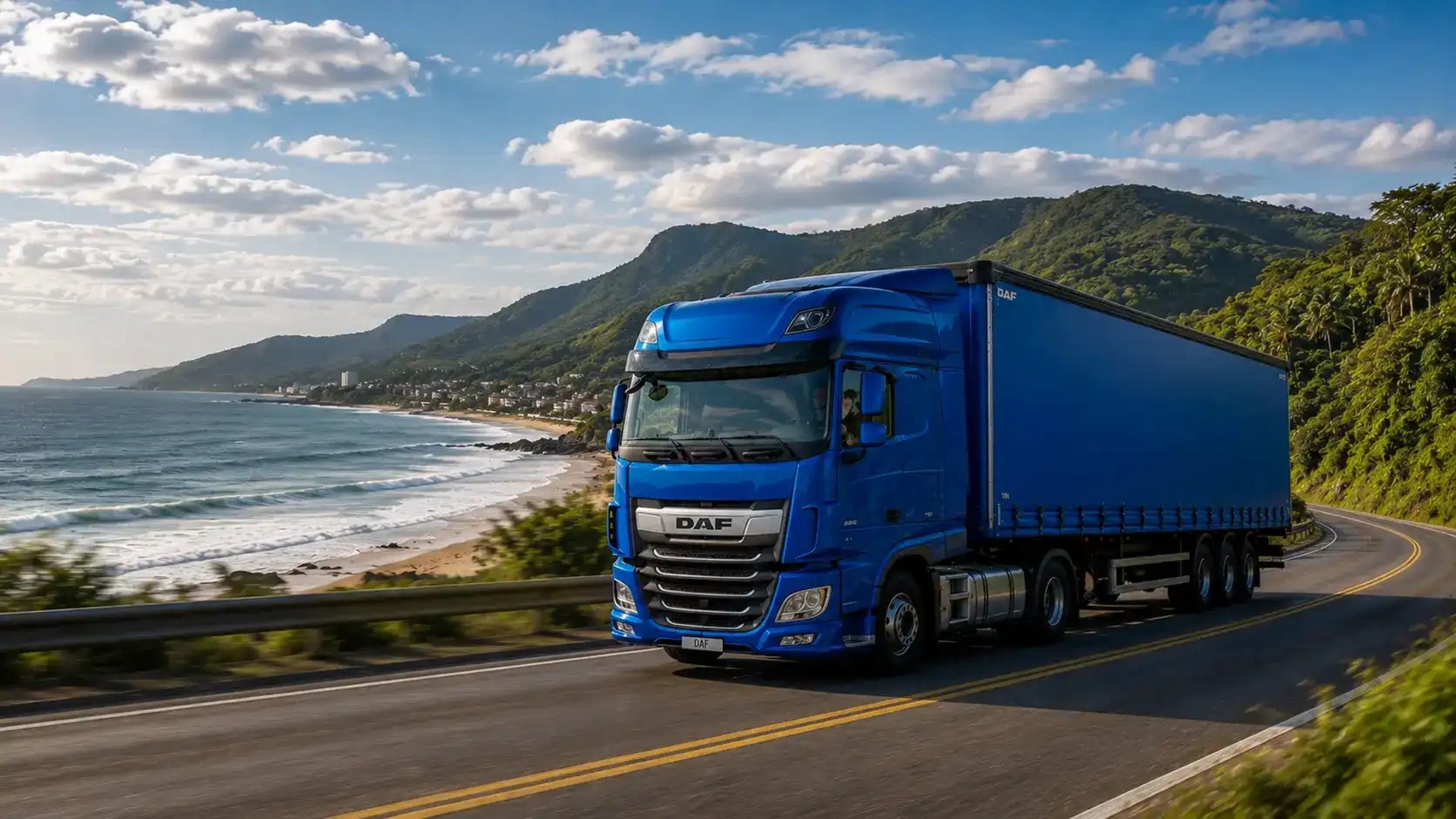 Caminhão DAF XF azul em estrada cênica brasileira, representando o transporte rodoviário atendido pela Caran Contabilidade