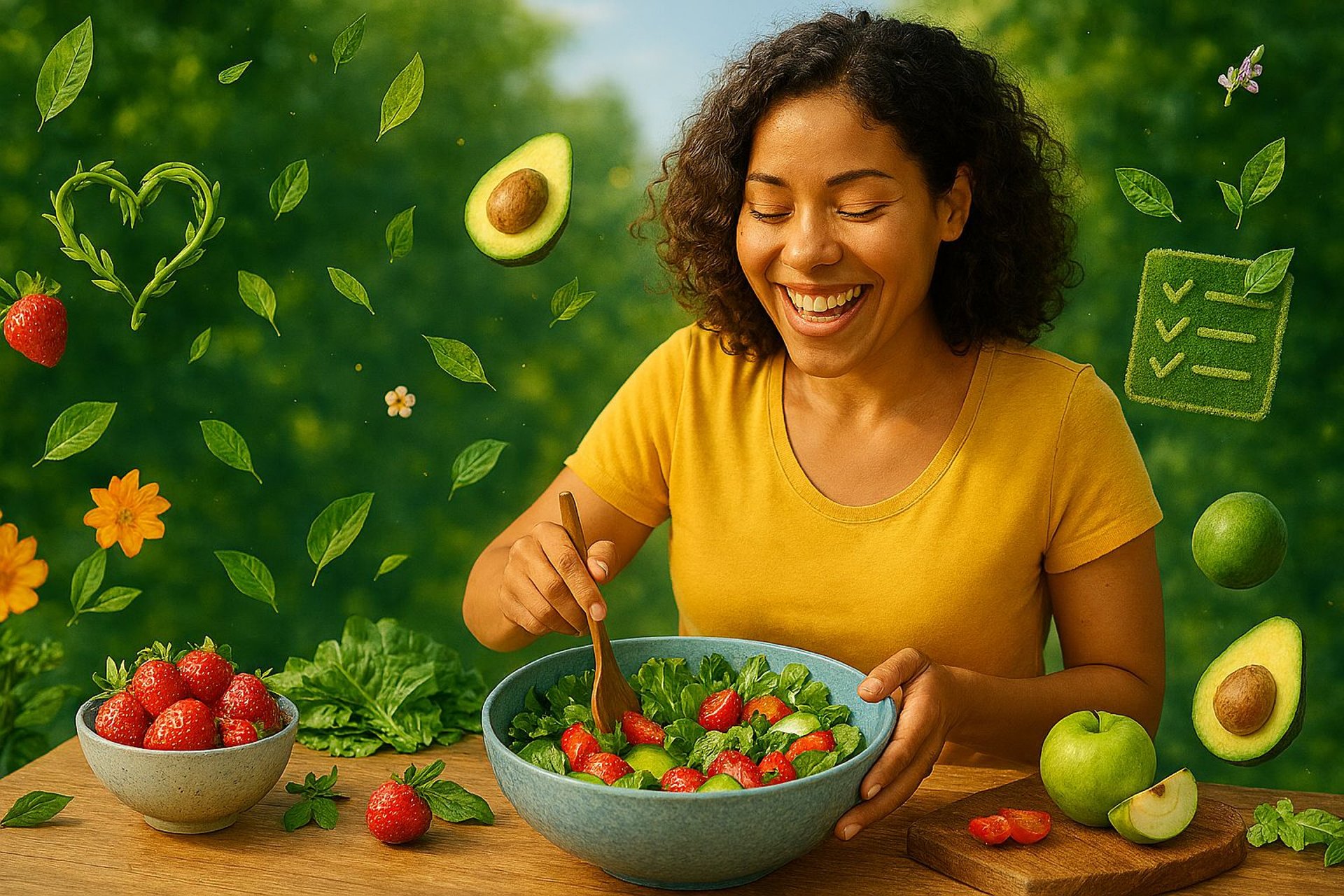 Mulher preparando salada saudável ao ar livre com frutas e vegetais frescos – dicas de emagrecimento natural