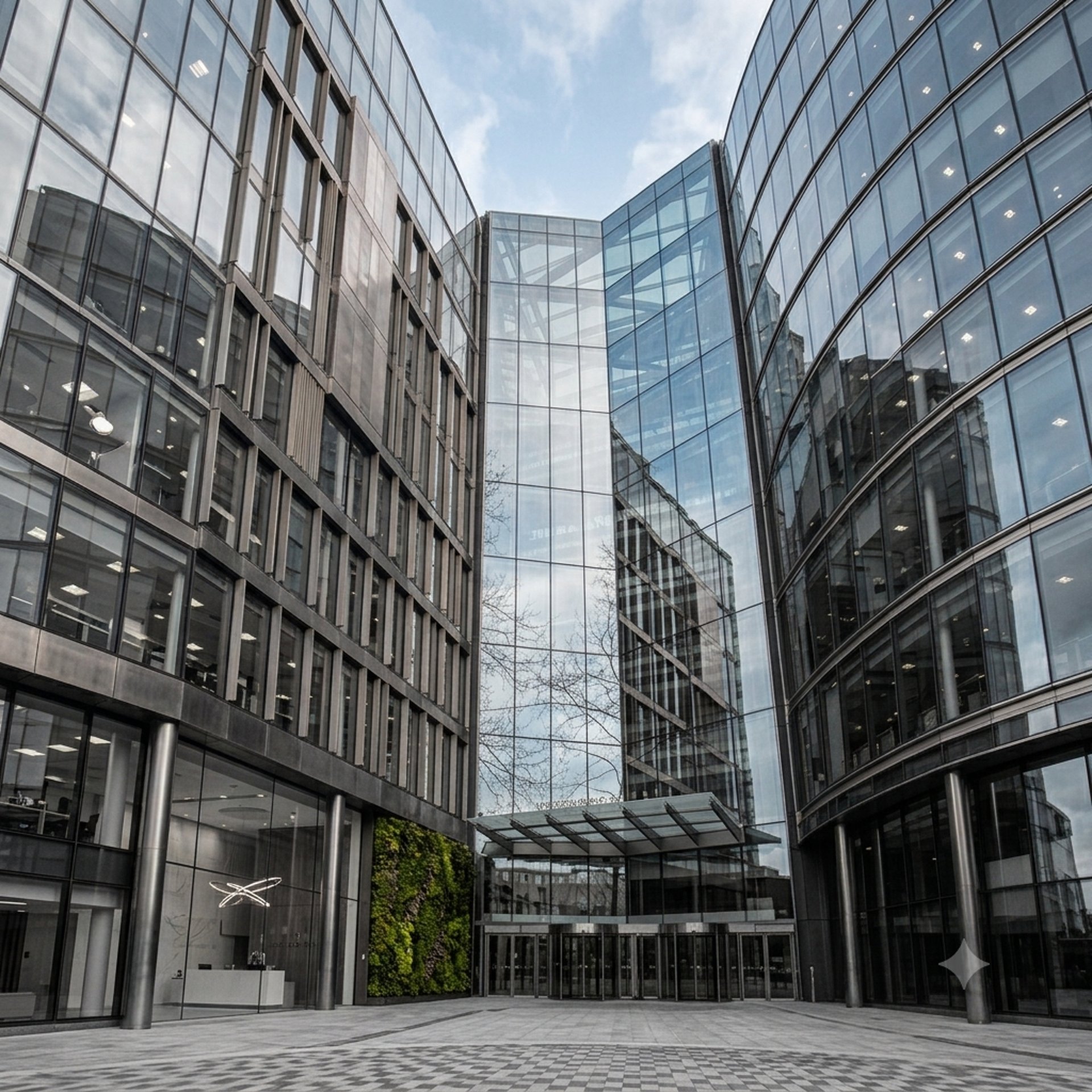 glass panel high-rise building under blue sky with sun raise