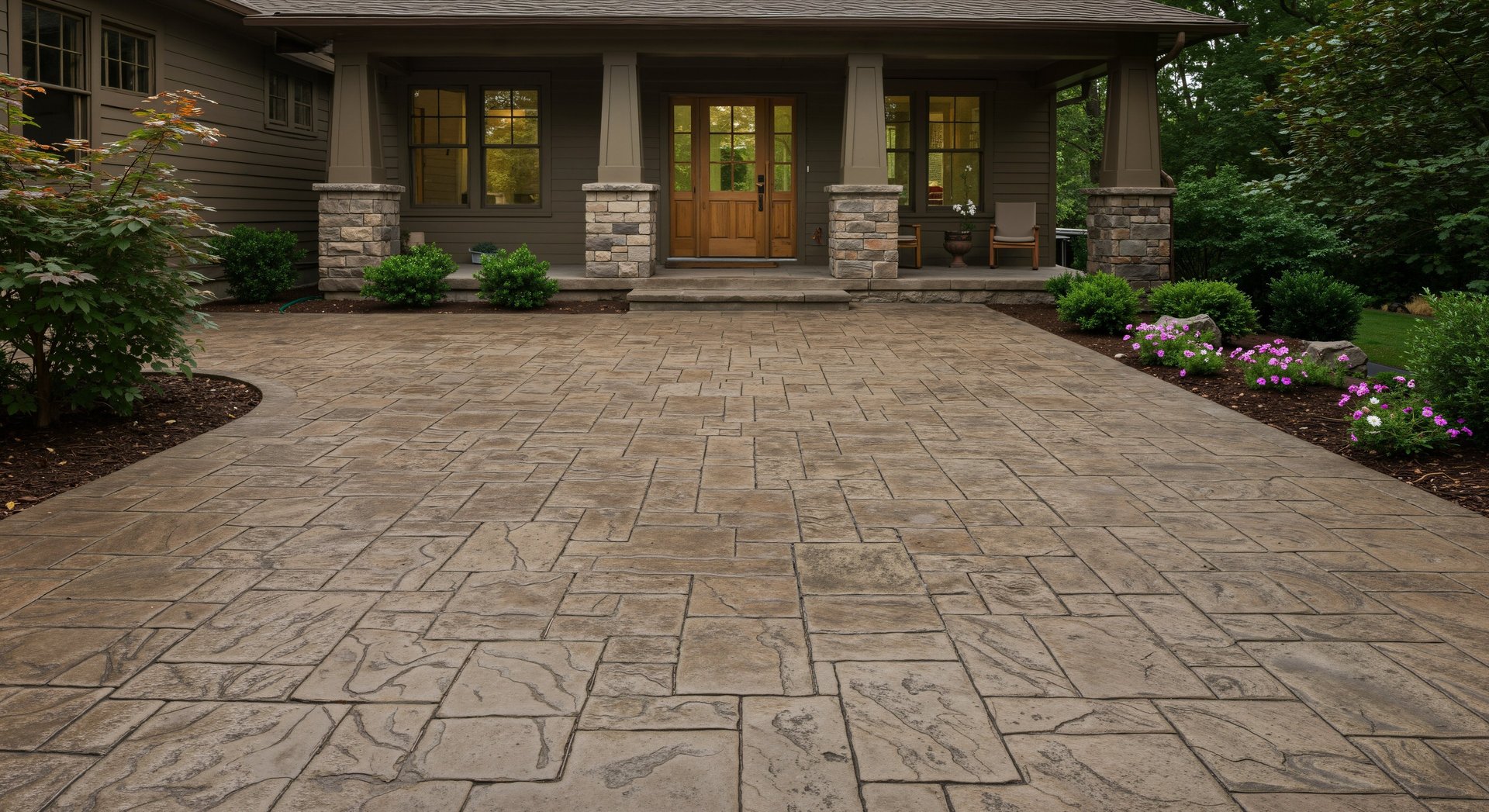 Decorative mosaic art with stone staircase and patio.
