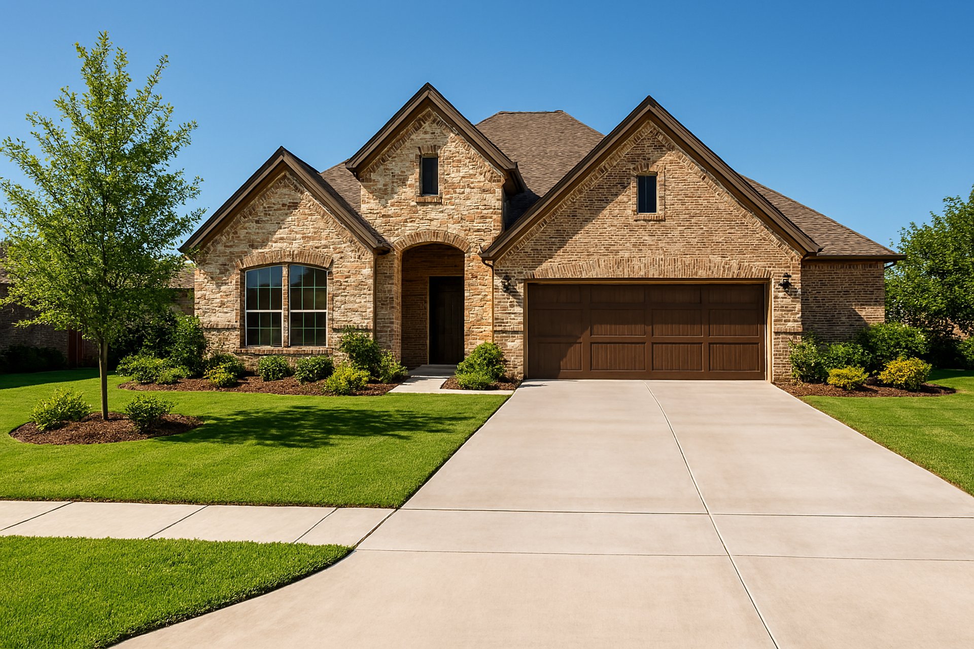 house in texas with concrete driveway and green landscape
