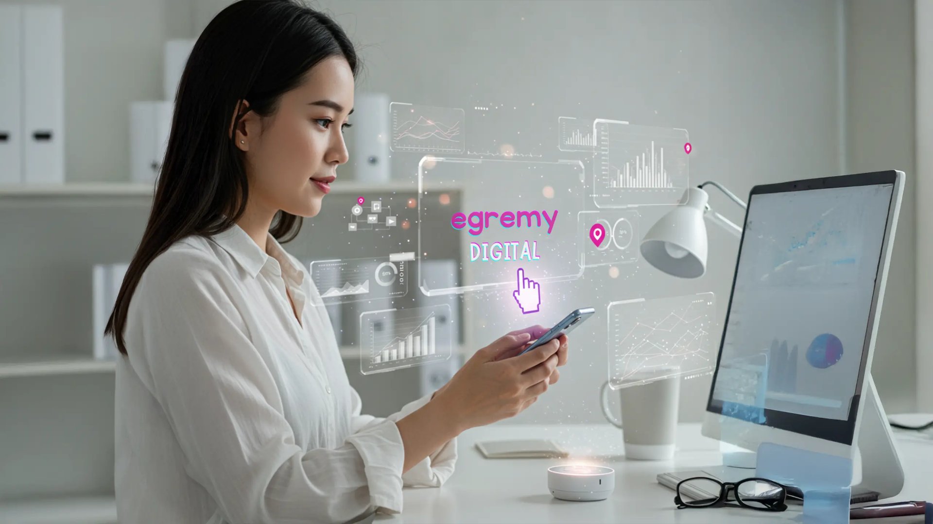 Mujer revisa datos en su smartphone con holograma de gráficos y logo Egremy Digital frente a un monitor, simboliza analítica