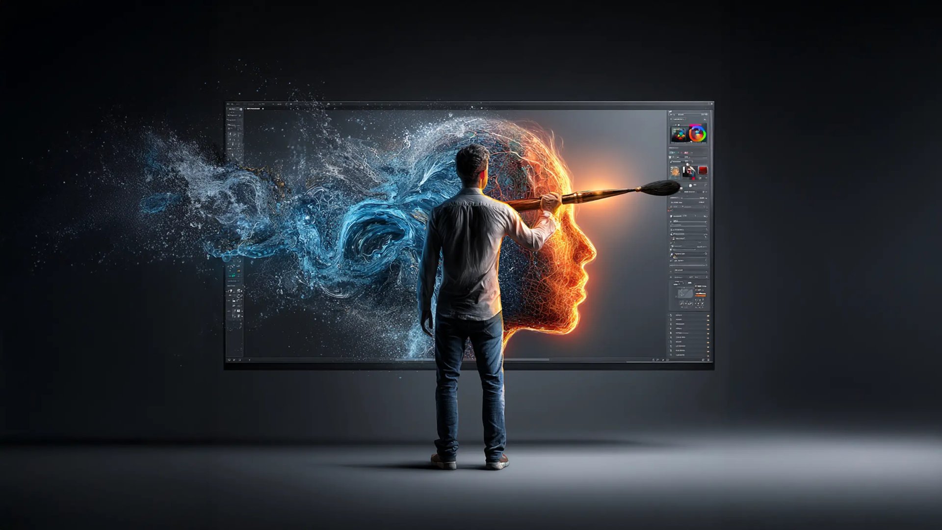 Artista pinta en pantalla digital fusión agua-fuego formando rostro humano, símbolo de creatividad y arte digital Egremy Digi