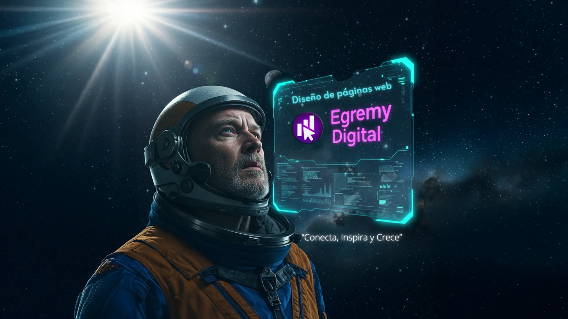 Astronauta en el espacio observa holograma de diseño de páginas web con logo Egremy Digital, símbolo de exploración digital.