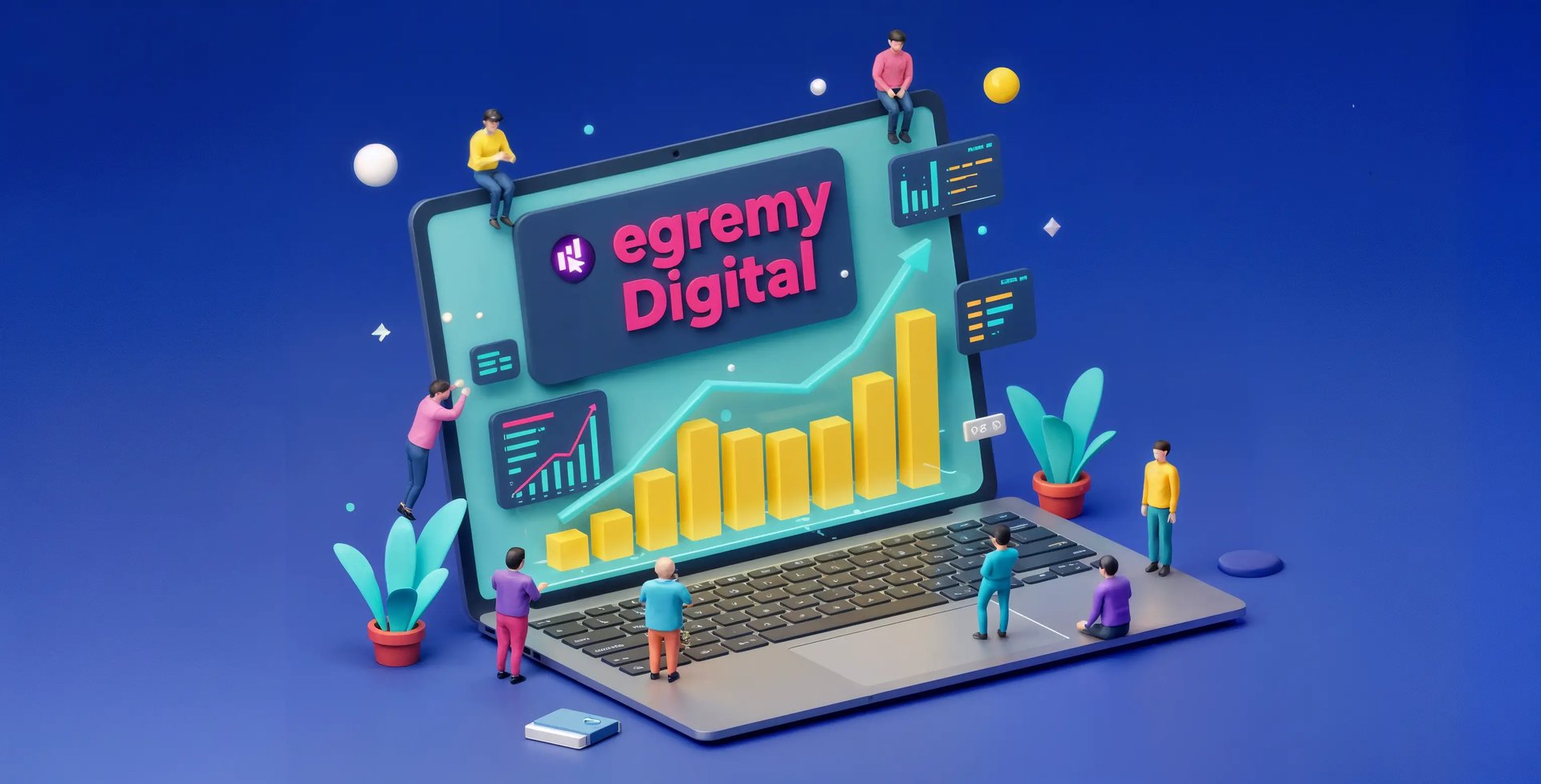 Ilustración 3D de portátil con barras en ascenso y logo Egremy Digital, simboliza crecimiento y analítica de marketing digi