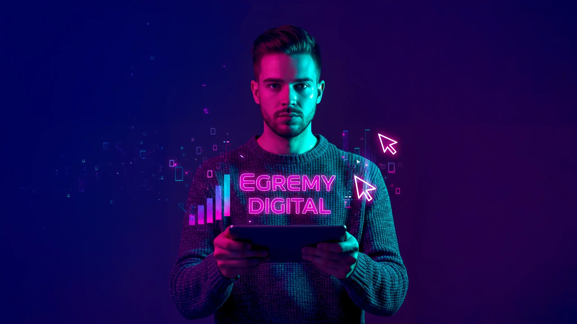 Hombre sostiene una tablet con holograma del logo Egremy Digital en neón, barras de crecimiento y cursores, simboliza marketi