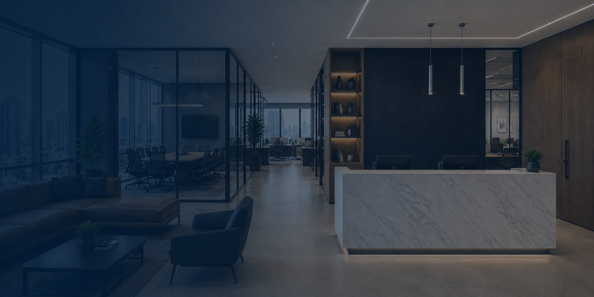 Escritório corporativo com sala de espera, recepção, sala de reunião e ambiente de trabalho, com decoração moderna