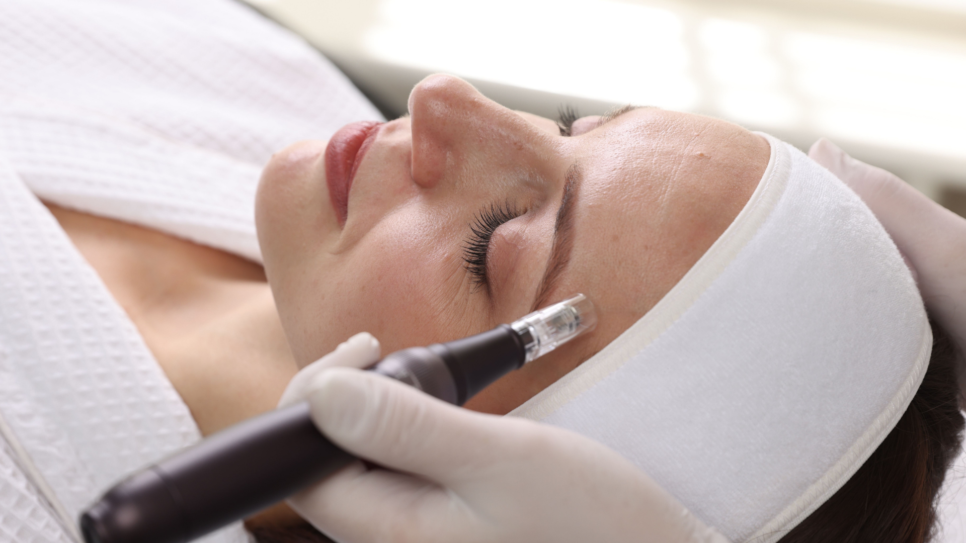 woman getting microneedling treatment on top of eyebrow
