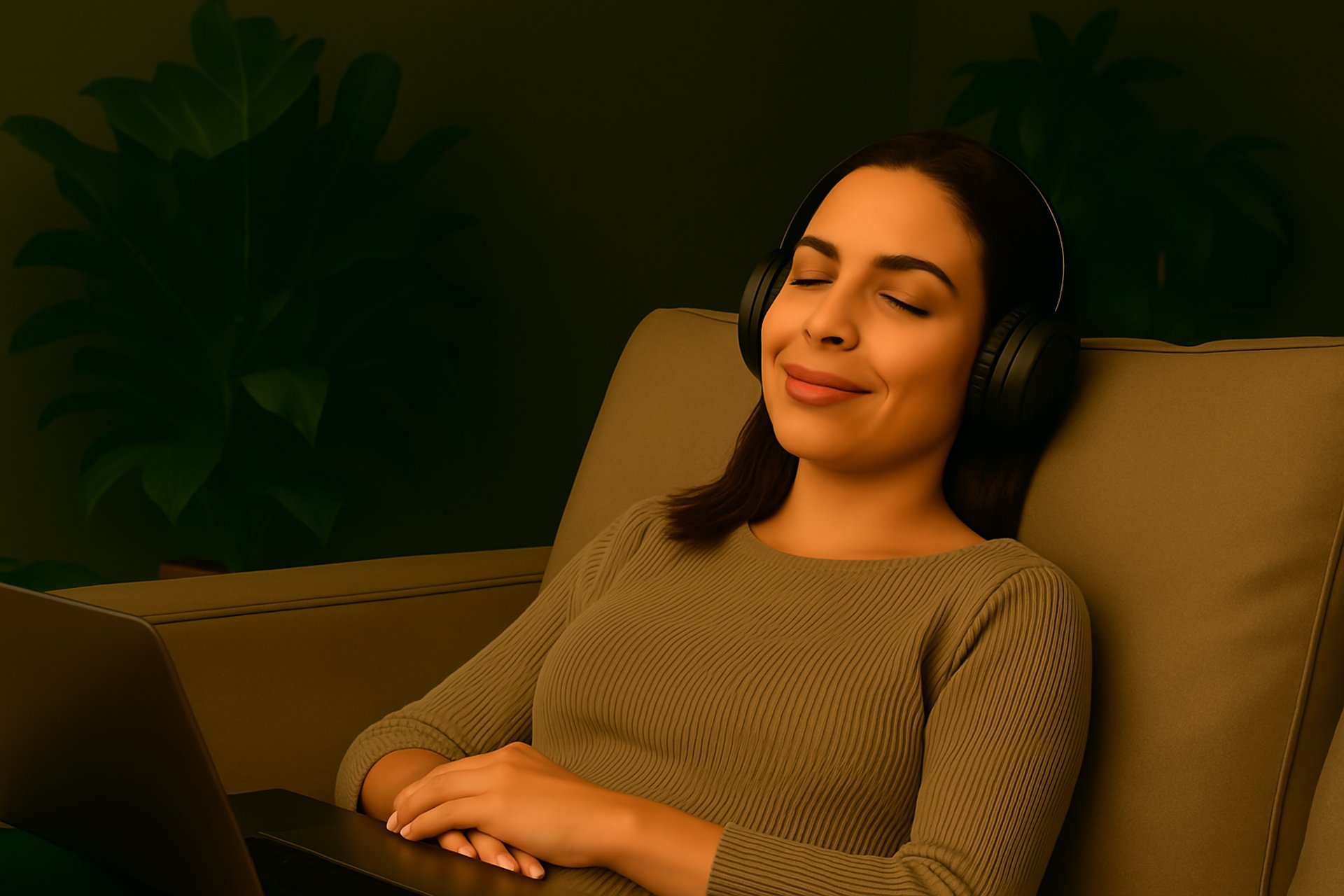 Woman listening to guided online hypnotherapy audio for stress relief and relaxation