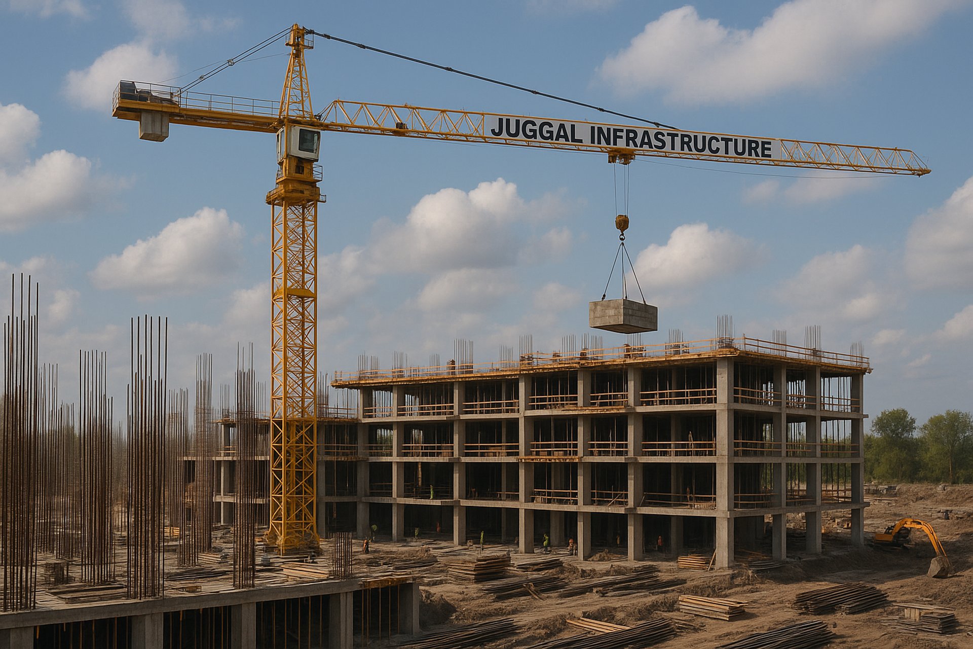 seven construction workers standing on white field