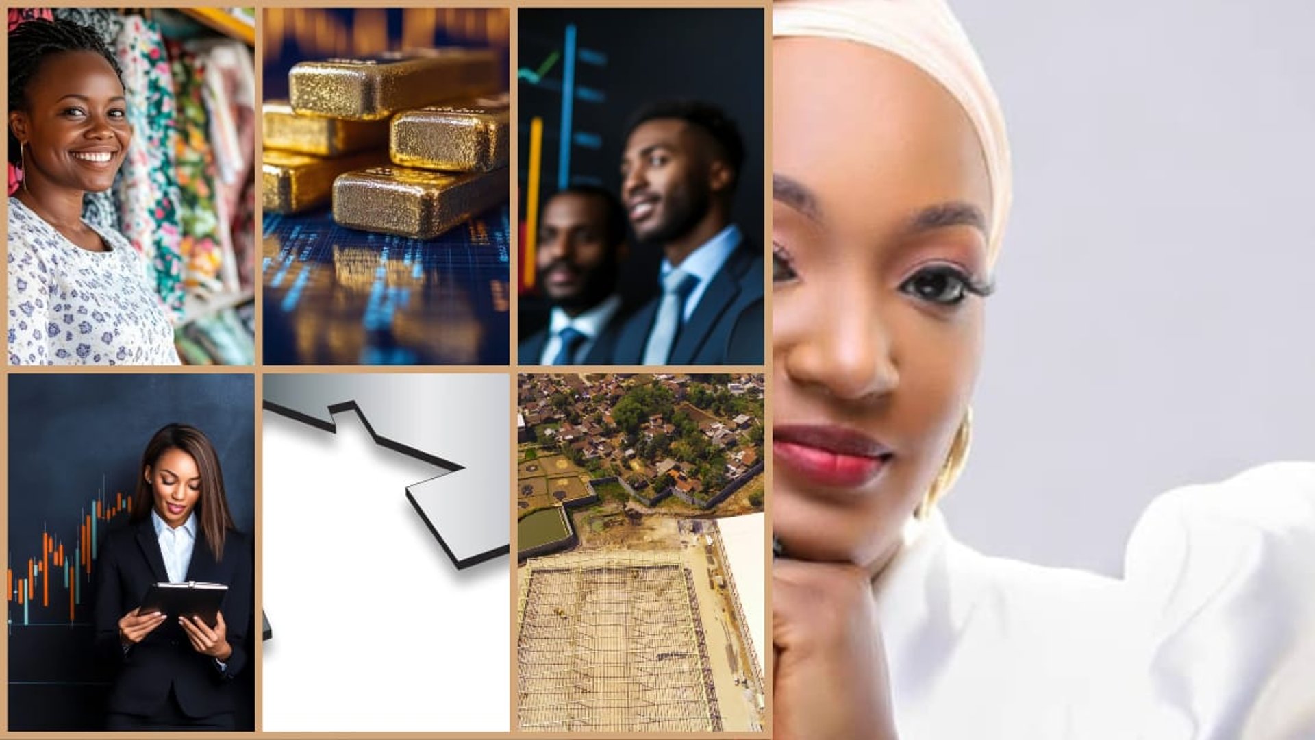 Modern buildings with a sculpture and green trees.