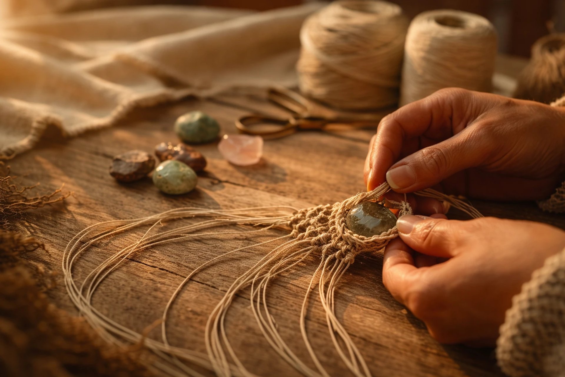 Manos elaborando una pieza artesanal en macramé con piedras naturales