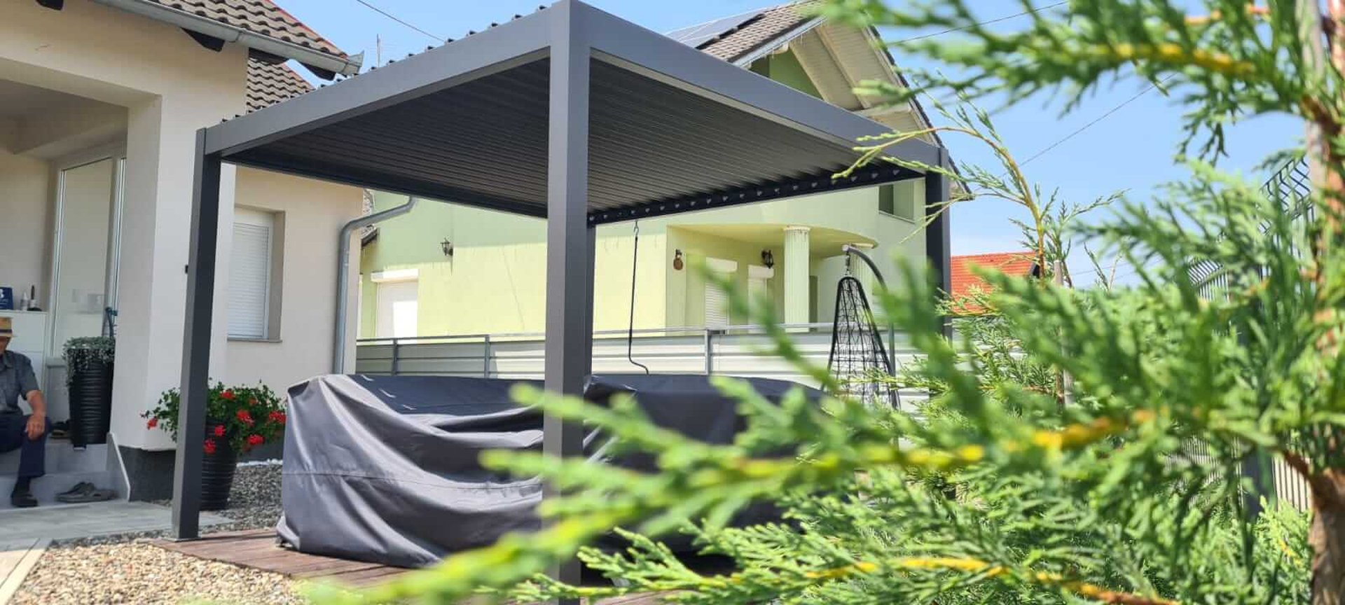 black steel canopy on gray ground