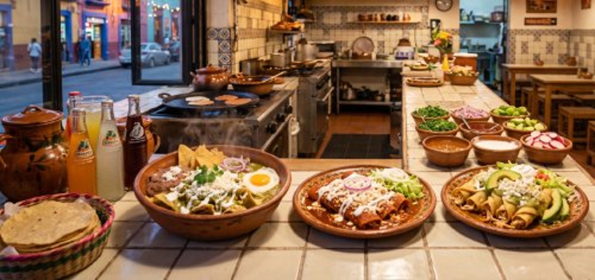 Cazuela de chilaquiles verde, plato de enmoladas con crema y queso, plato de tacos dorados.
