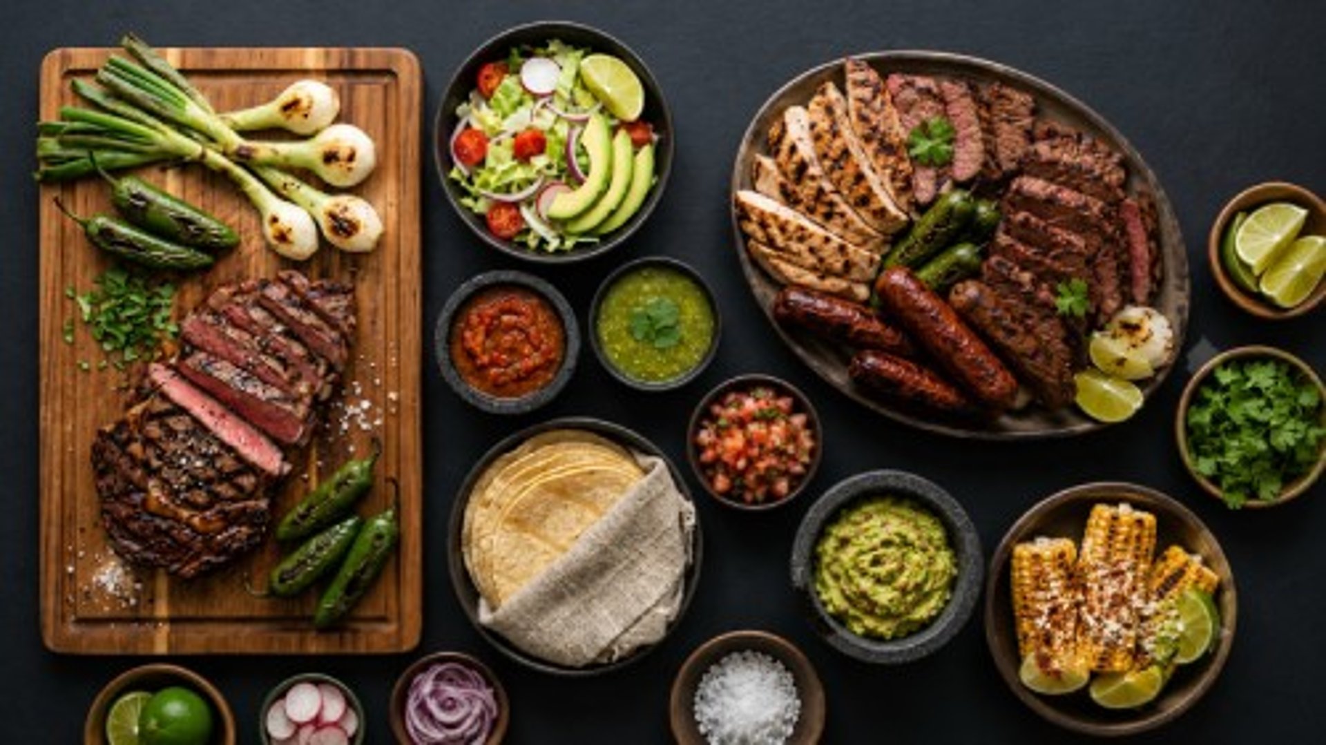 Parrillada de arrachera, chorizo, cebollitas, chiles, tortillas y salsas.
