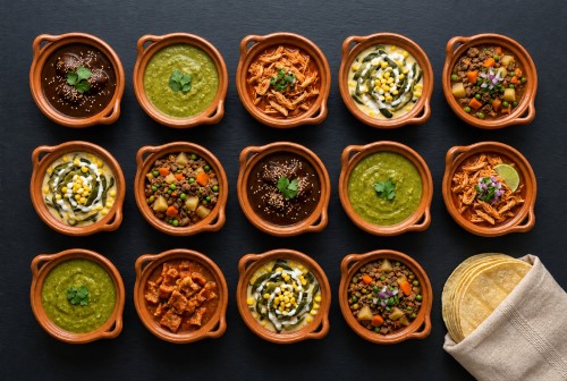 Cazuelas de diferentes guisados y tortillas de maíz para una taquiza.