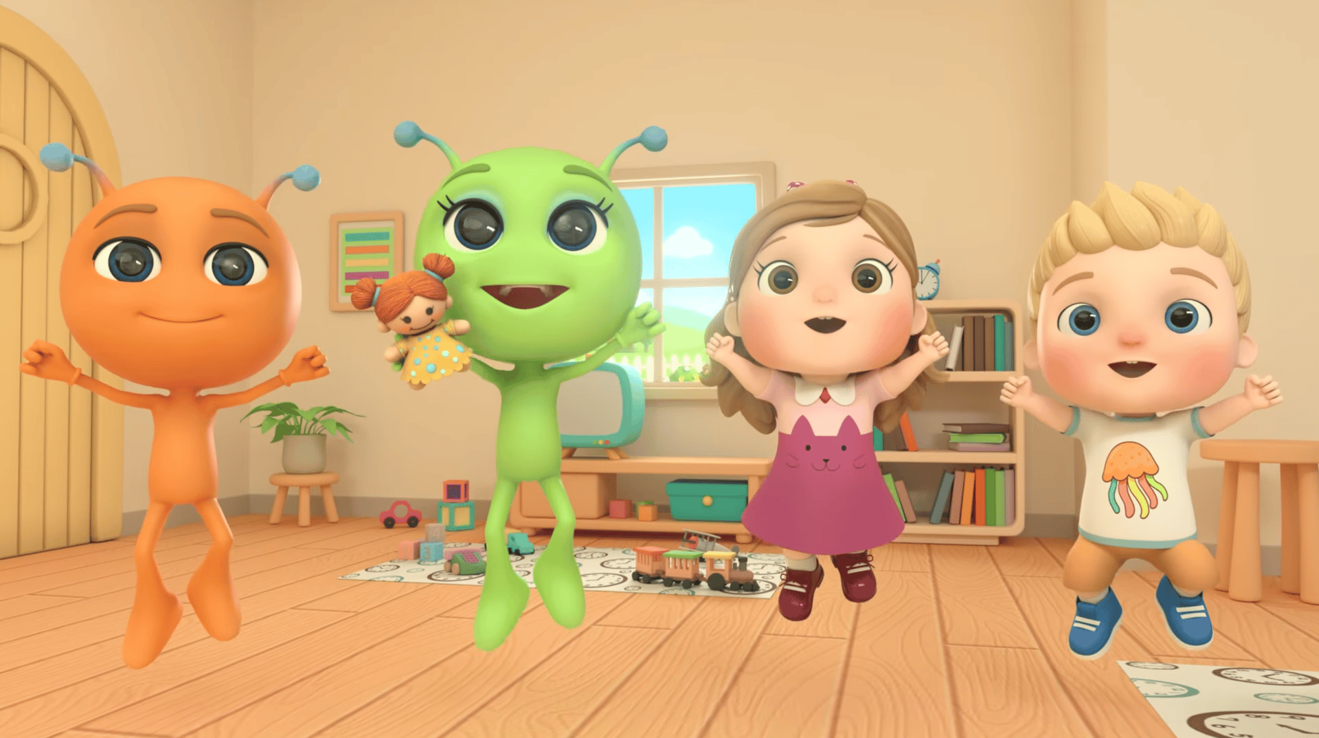 Four cartoon animal toys holding hands