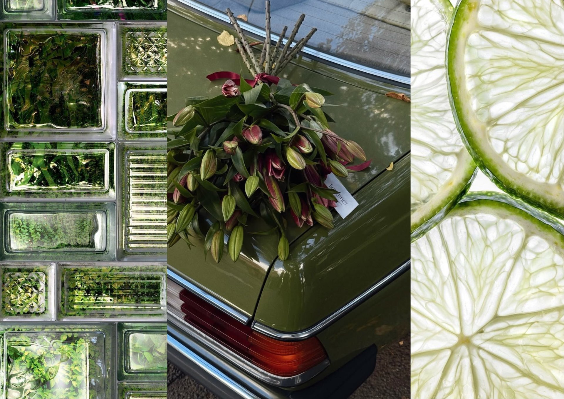 Green-toned triptych reflecting The Brand Report’s style: glass blocks, pink lilies on a vintage car, lime slices.