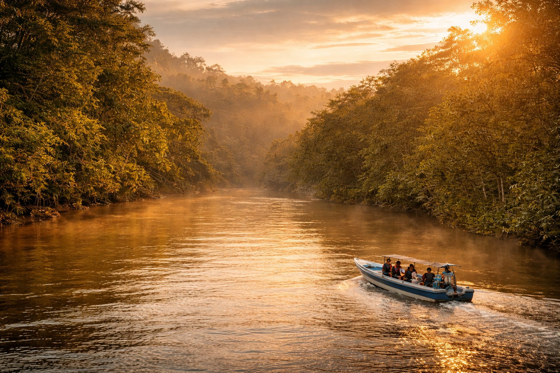 Lush green jungle with a flowing stream and mist.