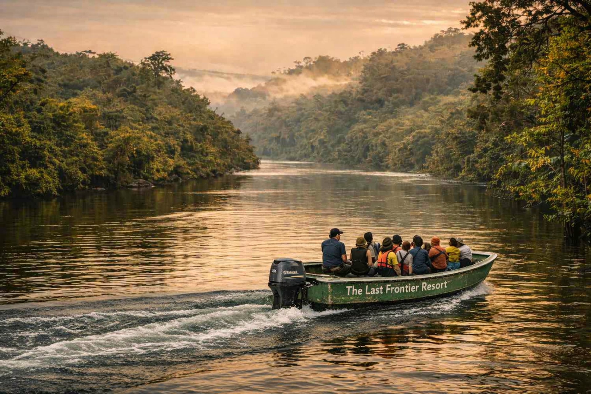 Lush green jungle with a flowing stream and mist.