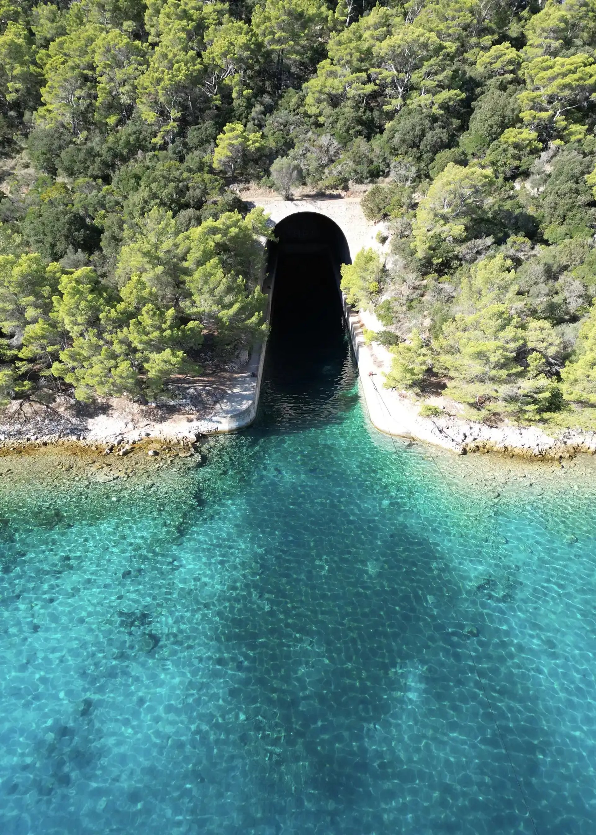 Aerial view of a historical military tunnel on Brac during a private boat tour from Split