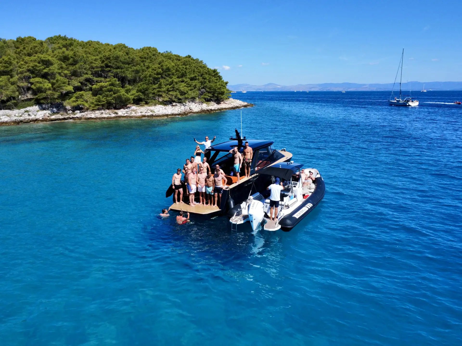 Aerial view of Colnago 35 & Hunter Pro 800 near Milna, Brac. Large group private boat tour from Split by SunMarine.