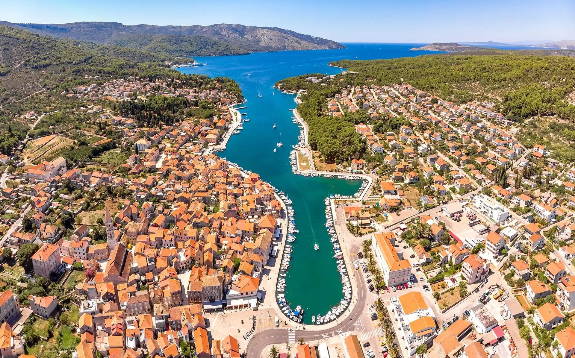 Aerial view of Stari Grad, Hvar Island. Staging a private boat tour from Split, Croatia, with SunMarine.