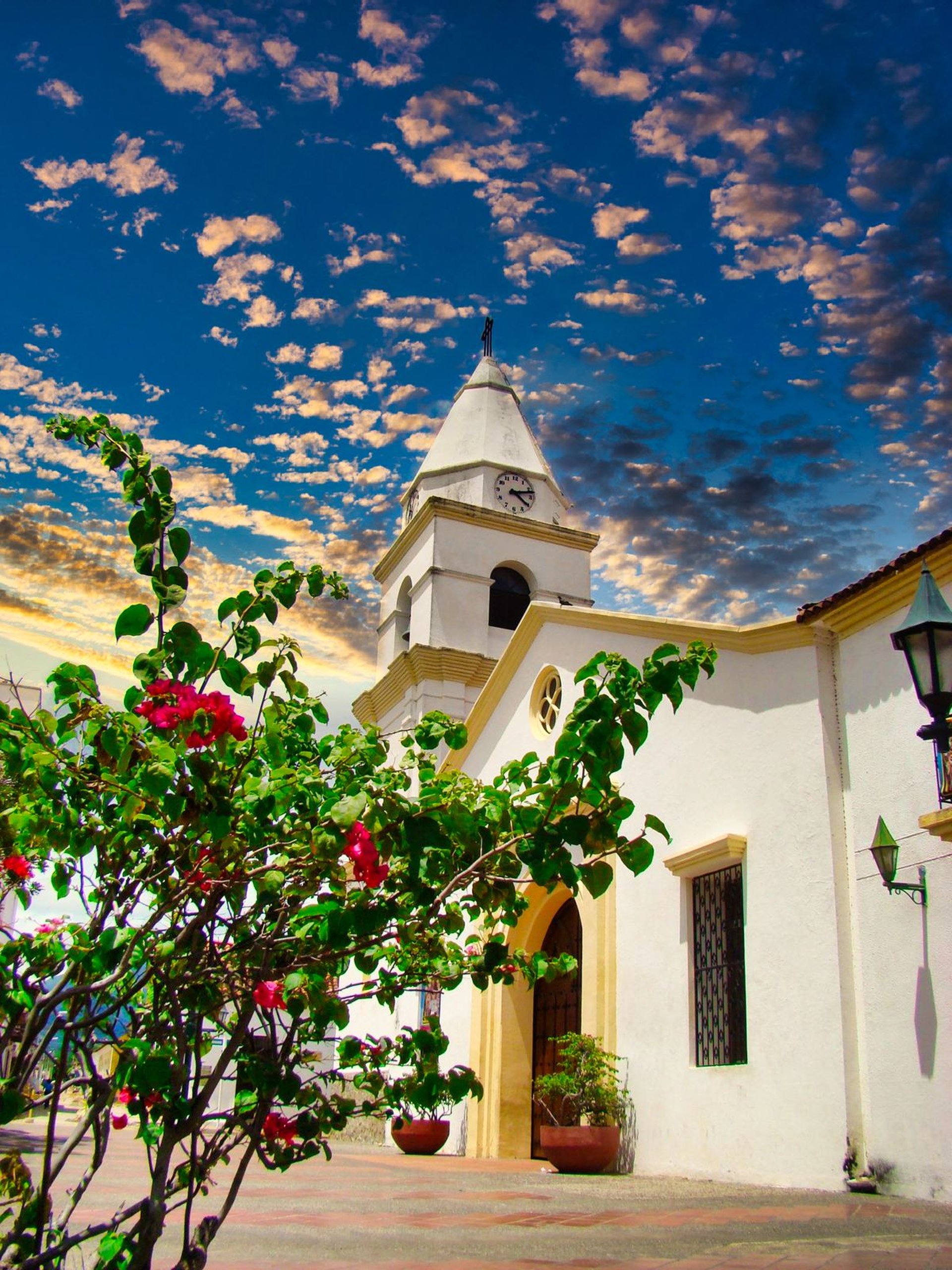 an abstract photo of a curved building with a blue sky in the background