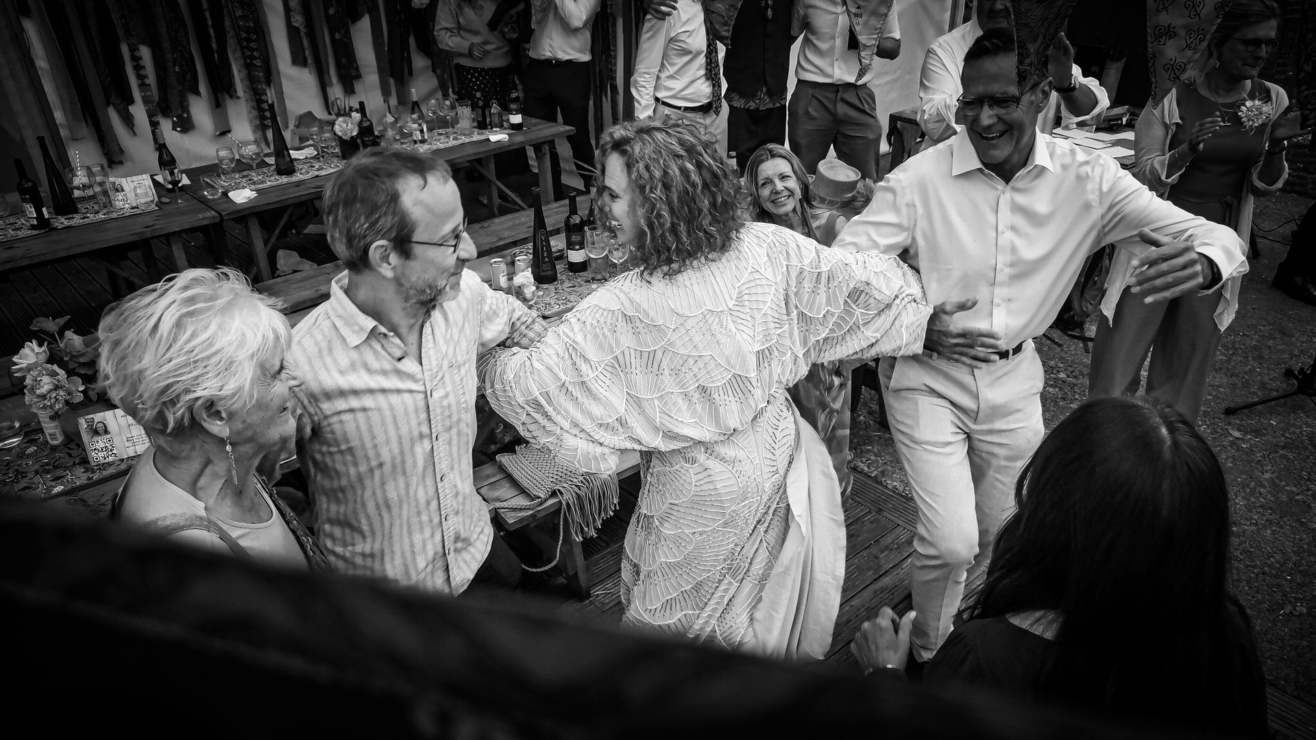 A packed dance floor at a Devon wedding with Rowans ceilidh band.