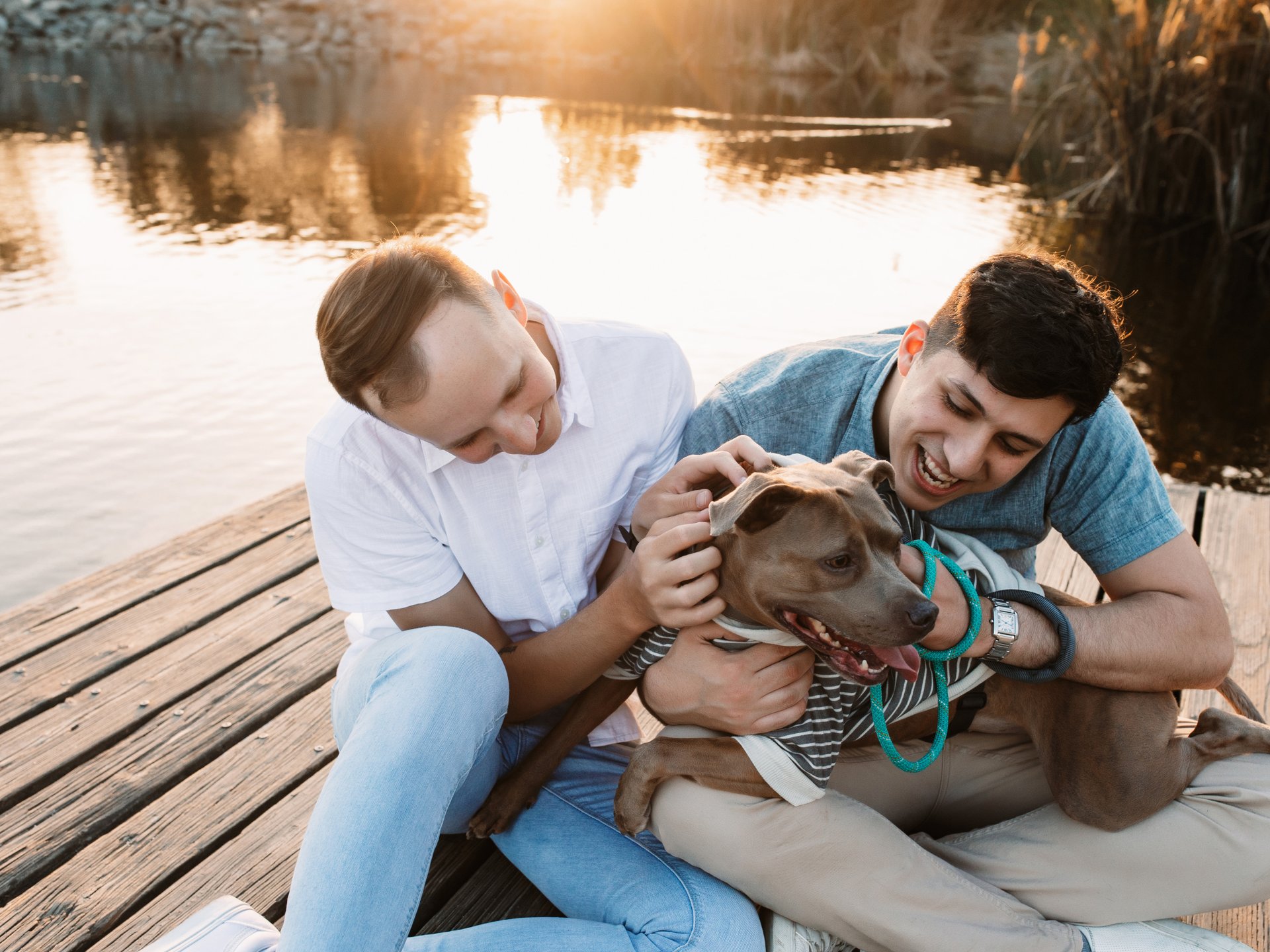 Two people sit on a dock by a lake during sunset, playing with a brown dog. 