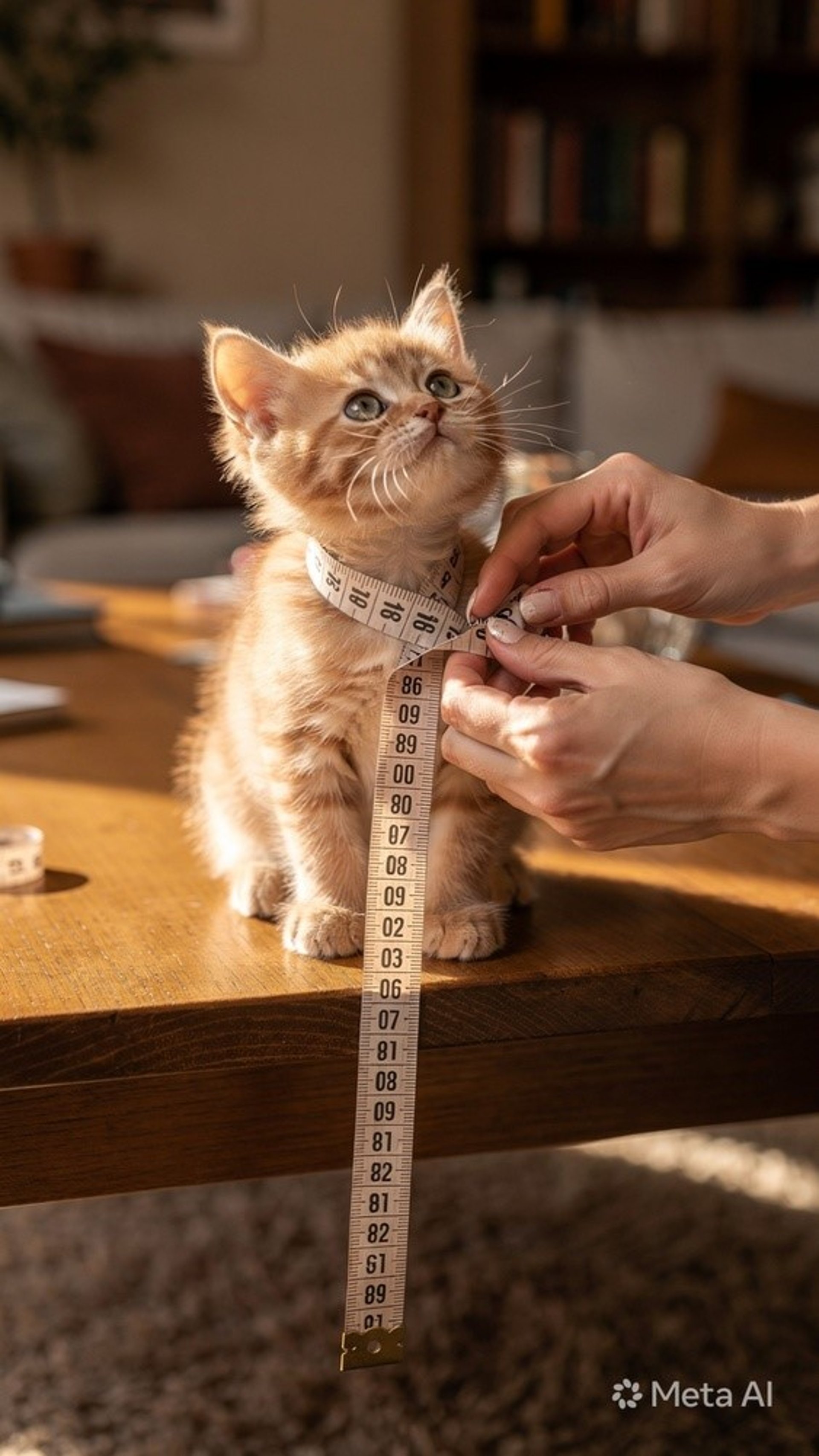 Un pequeño gatito pelirrojo se mide alrededor del cuello con una cinta métrica suave sobre una mesa