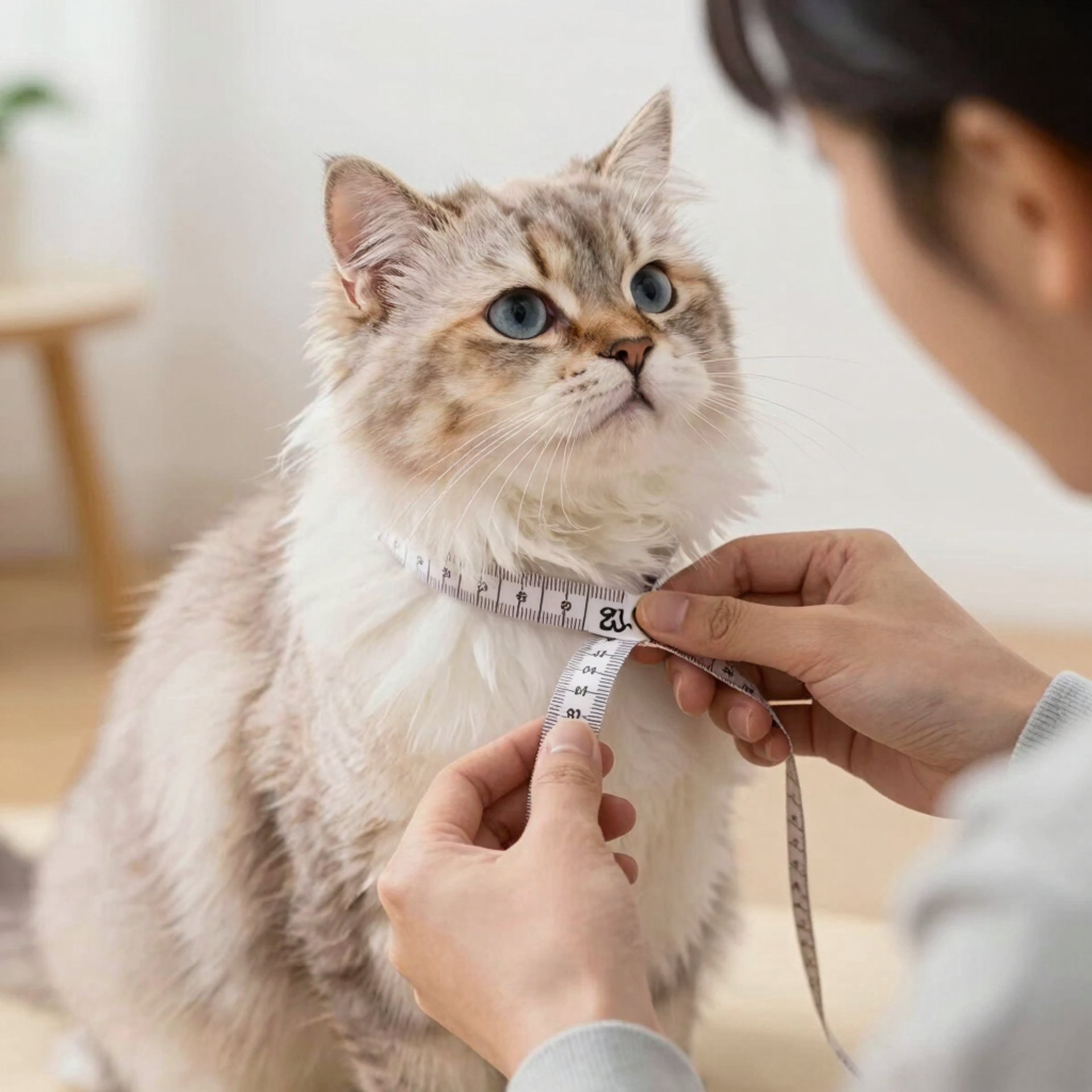 Persona tomándole medidas a un gatito peludo de color gris con blanco.
