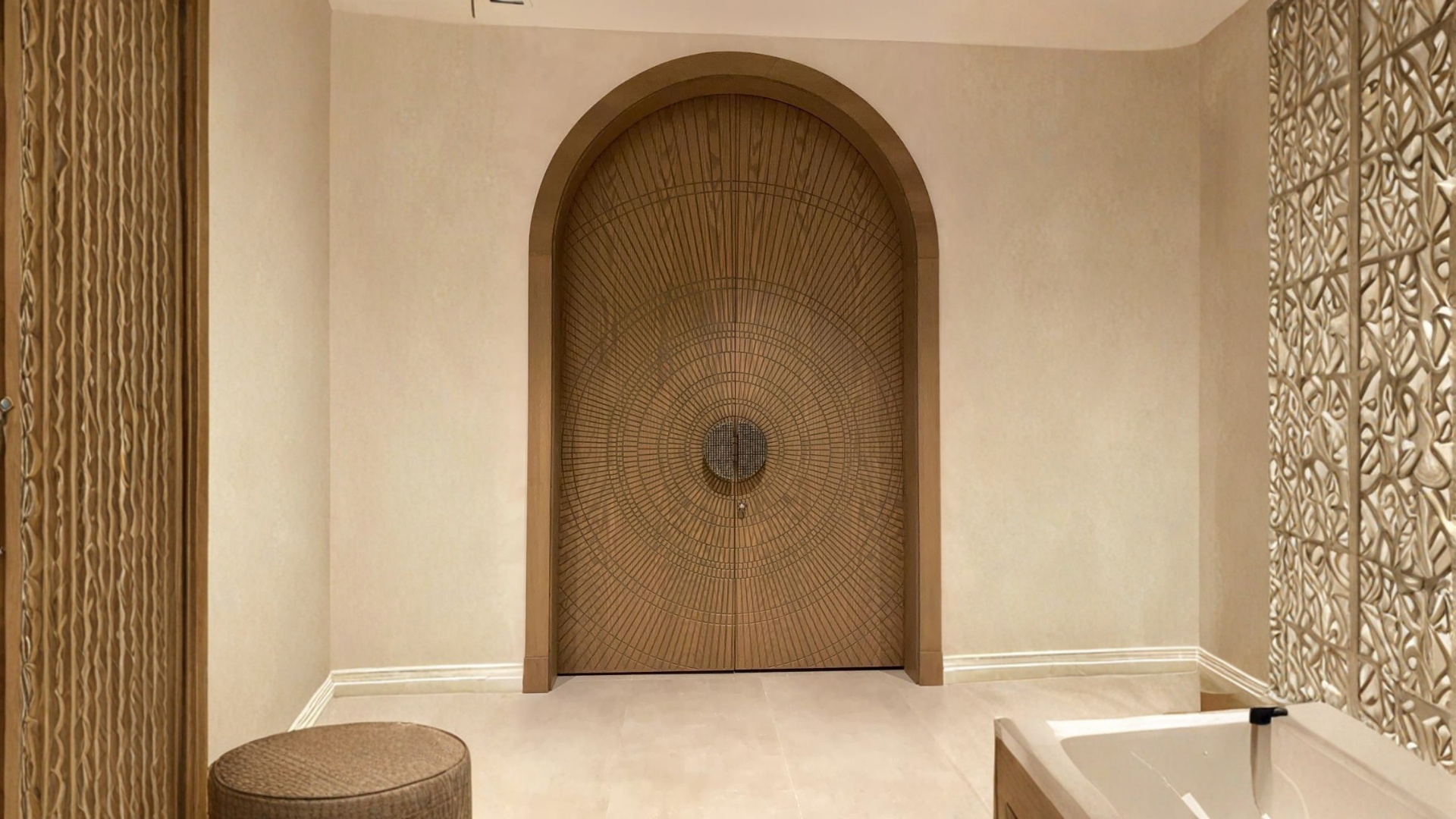 an abstract photo of a curved building with a blue sky in the background