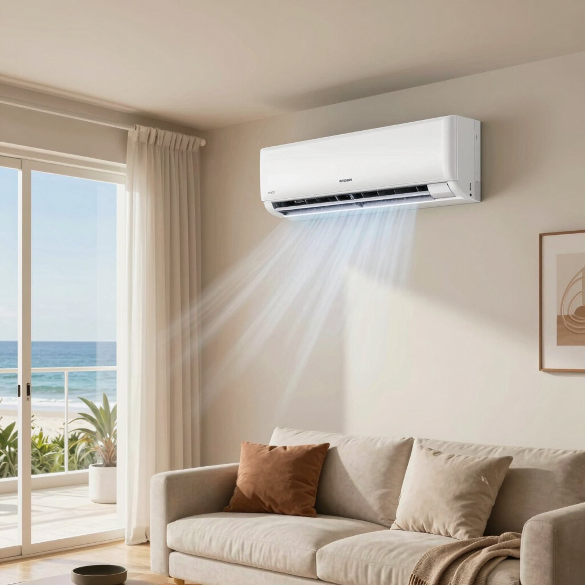 Modern living room with air conditioner and decor